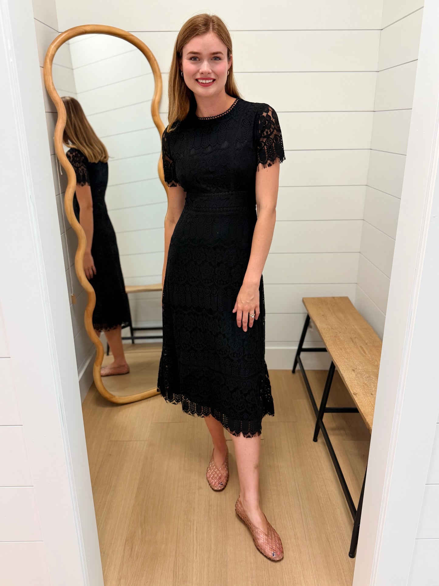 Lace Scalloped Short Sleeve Midi Dress