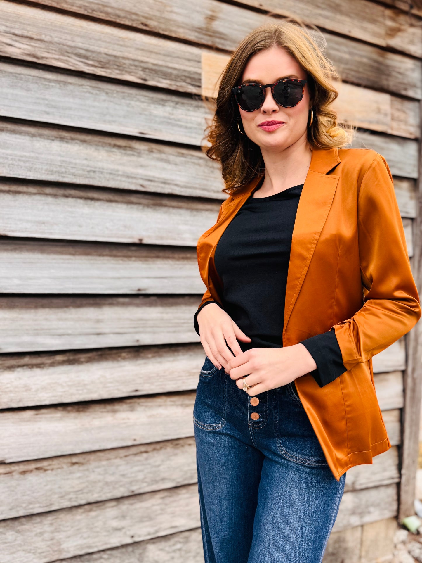 Satin Ruched Sleeve Blazer Jacket