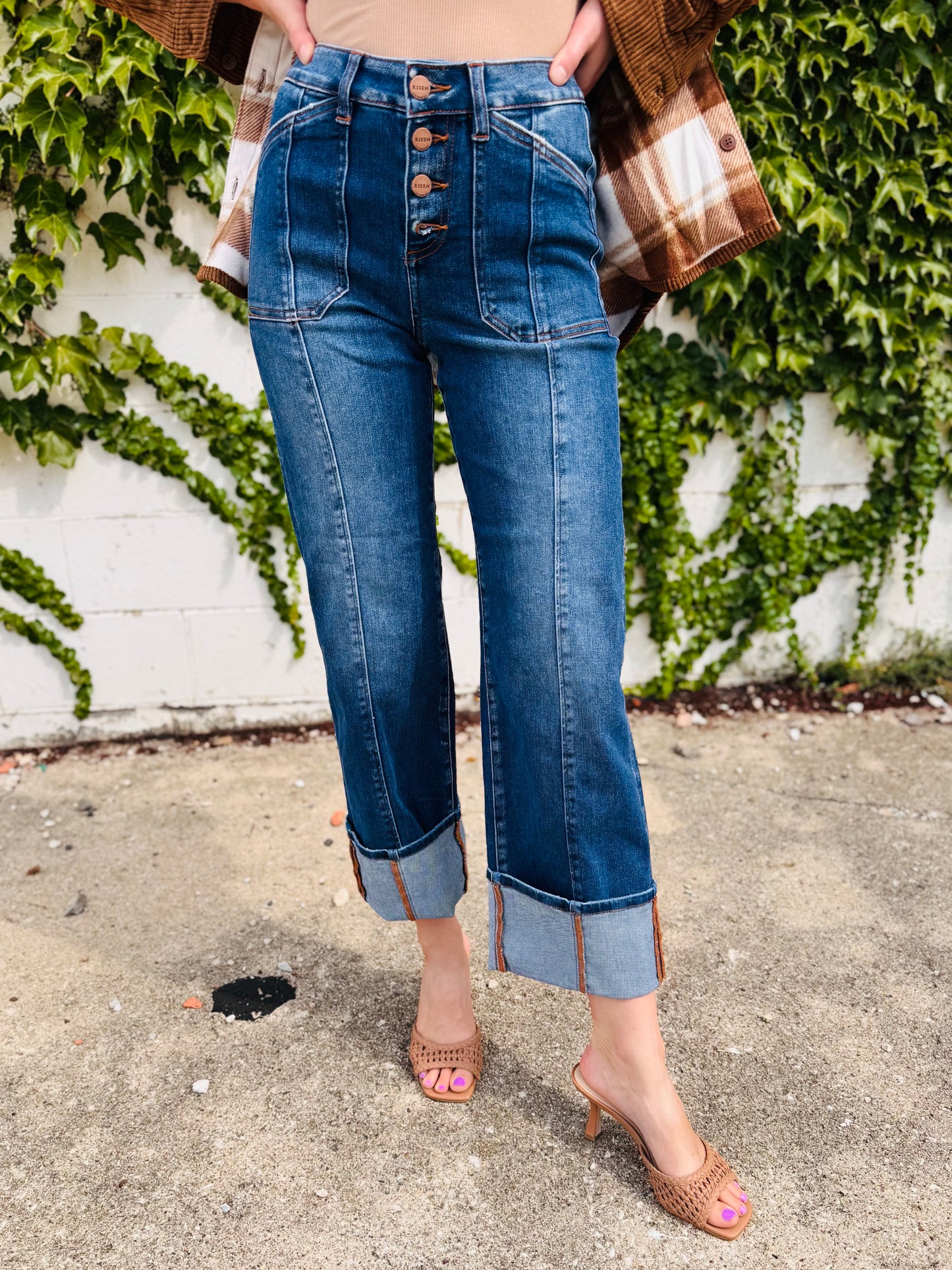 High Rise Crop Wide Straight Cuffed Jeans - Risen