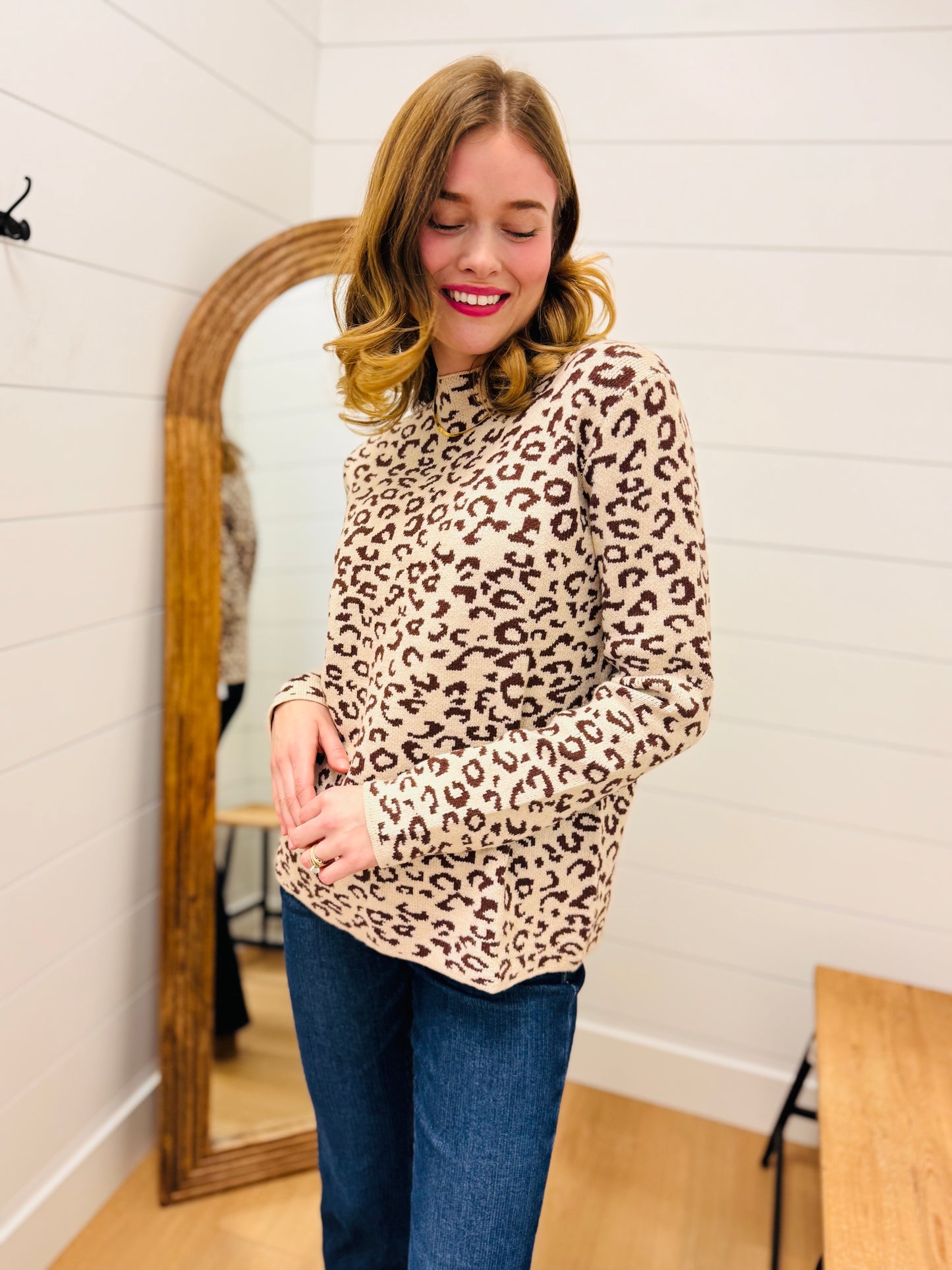 Leopard Print Mock Neck Knit Sweater