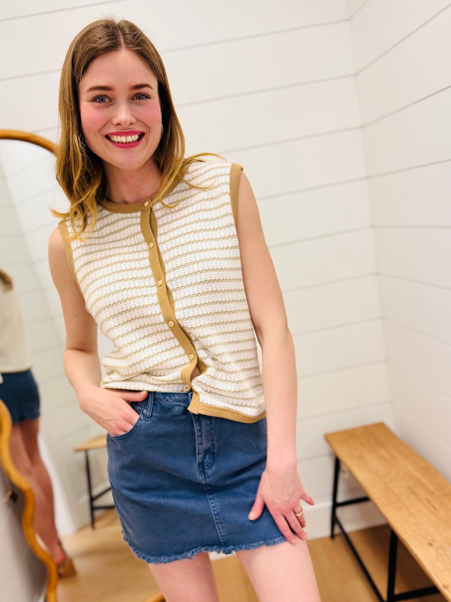 Stripe Knit Button Down Top - Tan