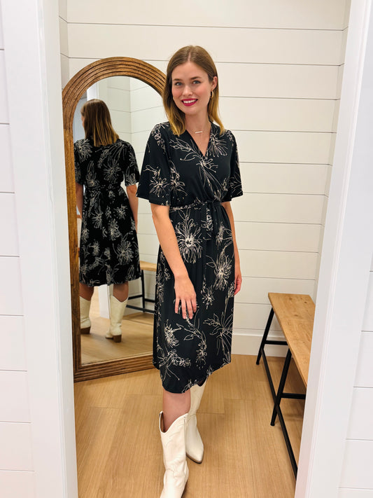 Classic Black Wrap Dress with White Floral