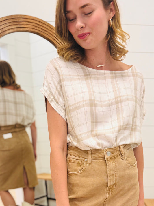 Plaid Knit Top with Folded Sleeve