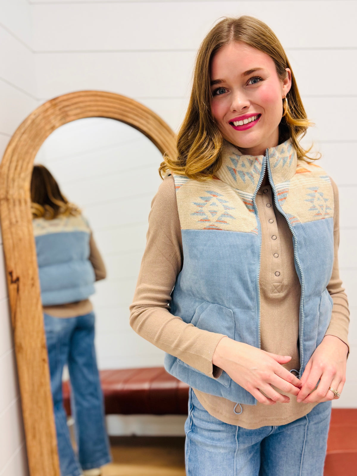 Aztec Graphic Corduroy Casual Puffer Vest