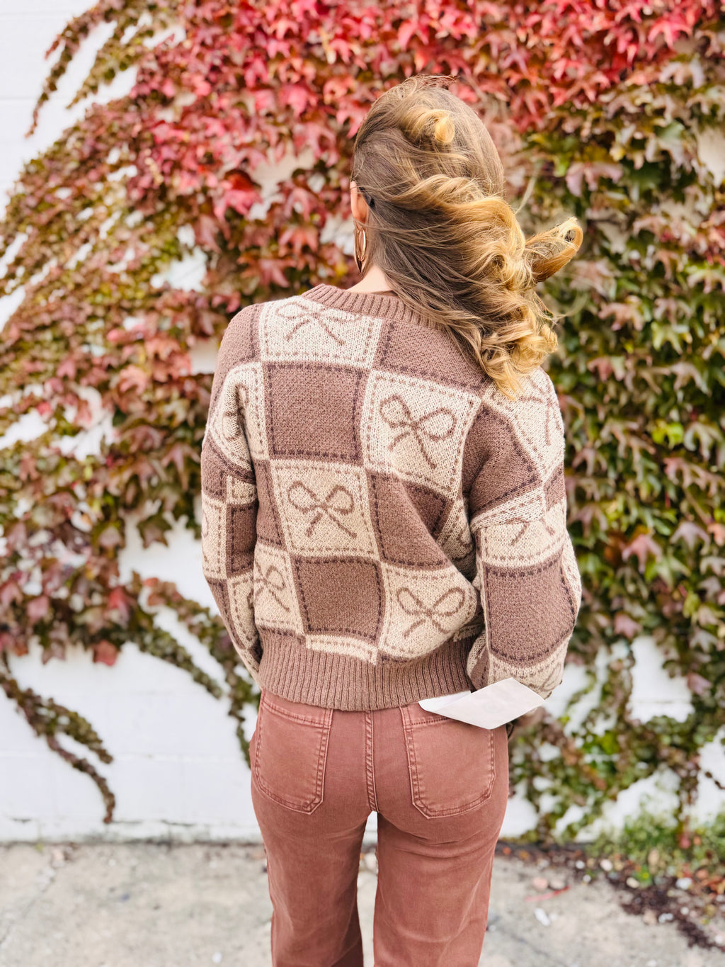 Checkered Bow Jacquard Crewneck Knit Sweater