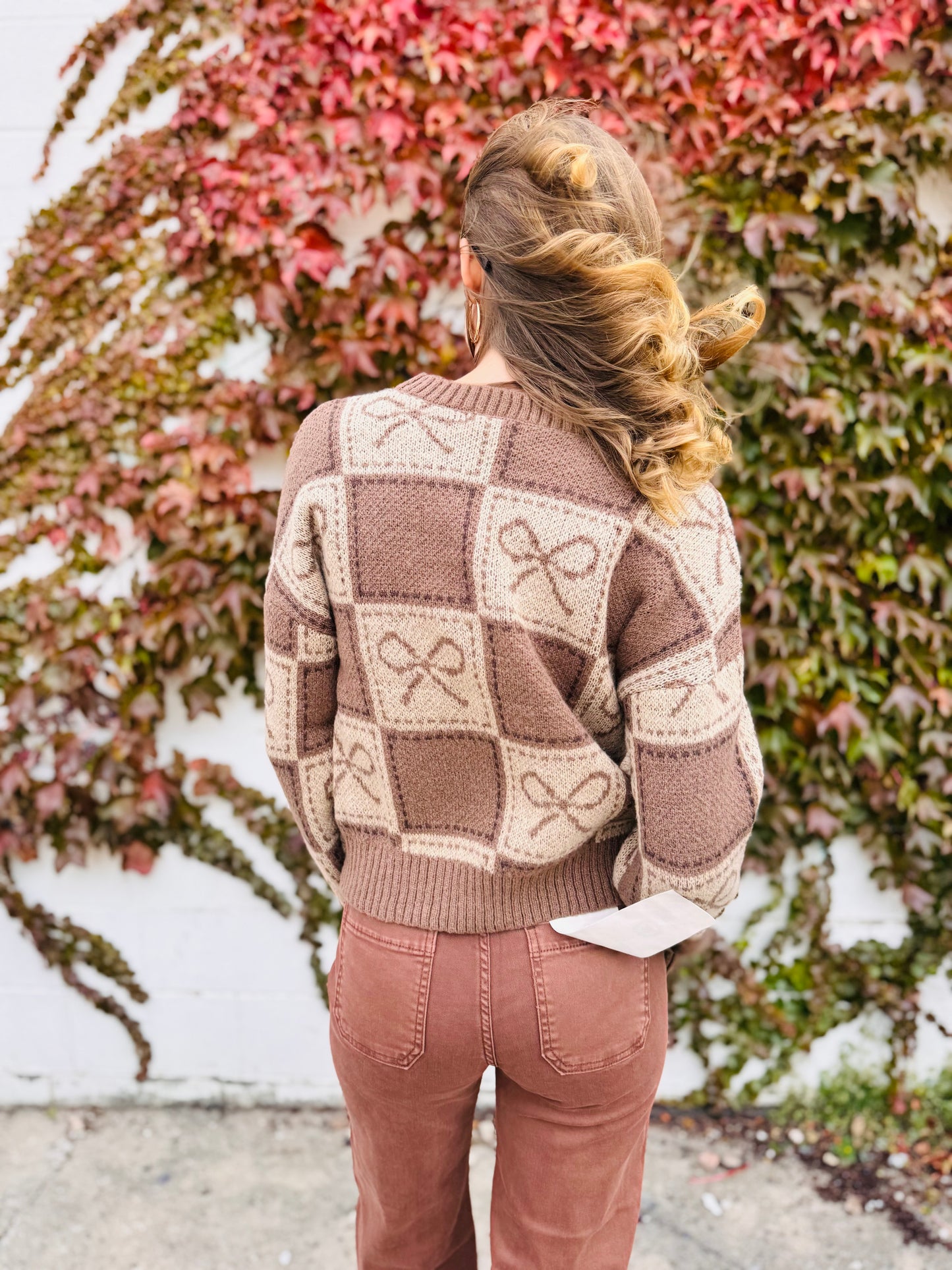 Checkered Bow Jacquard Crewneck Knit Sweater