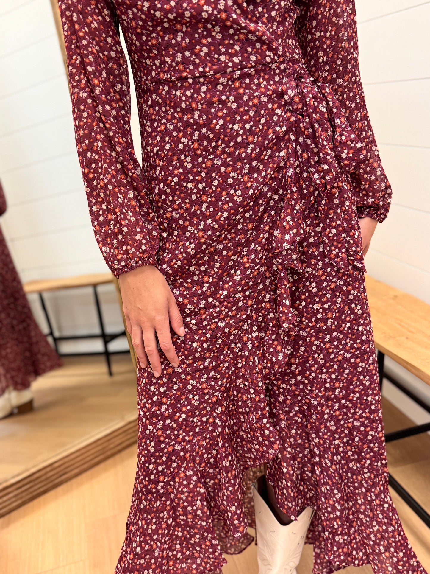 Burgundy Floral Wrap Dress