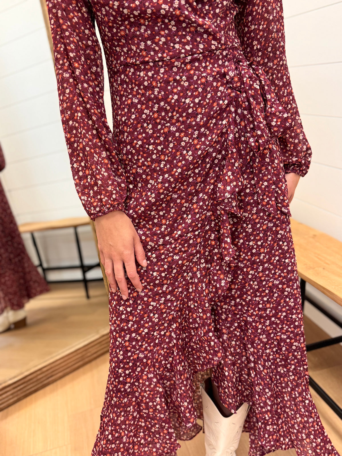 Burgundy Floral Wrap Dress