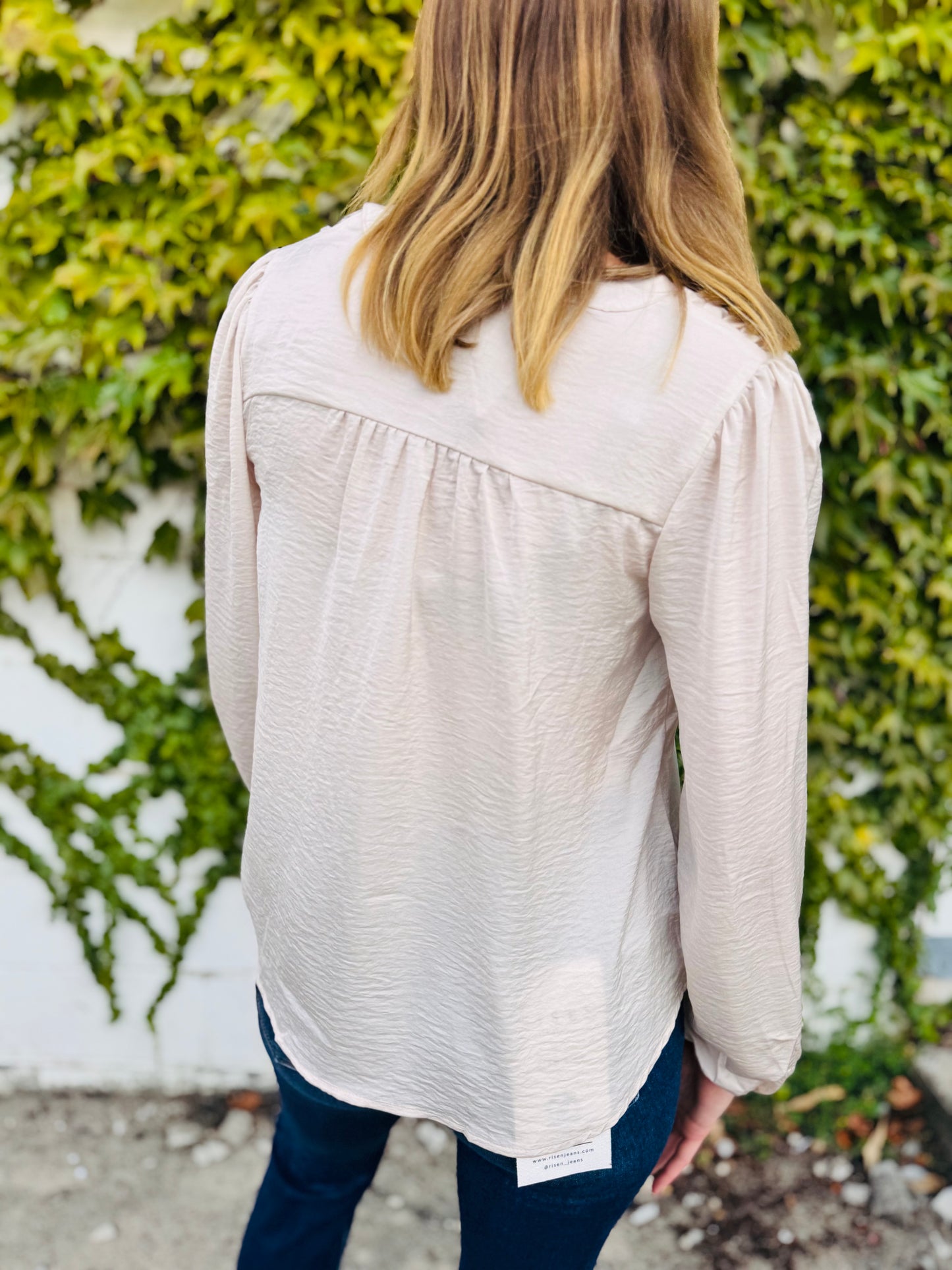 Textured Satin Half Button Long Sleeve Blouse