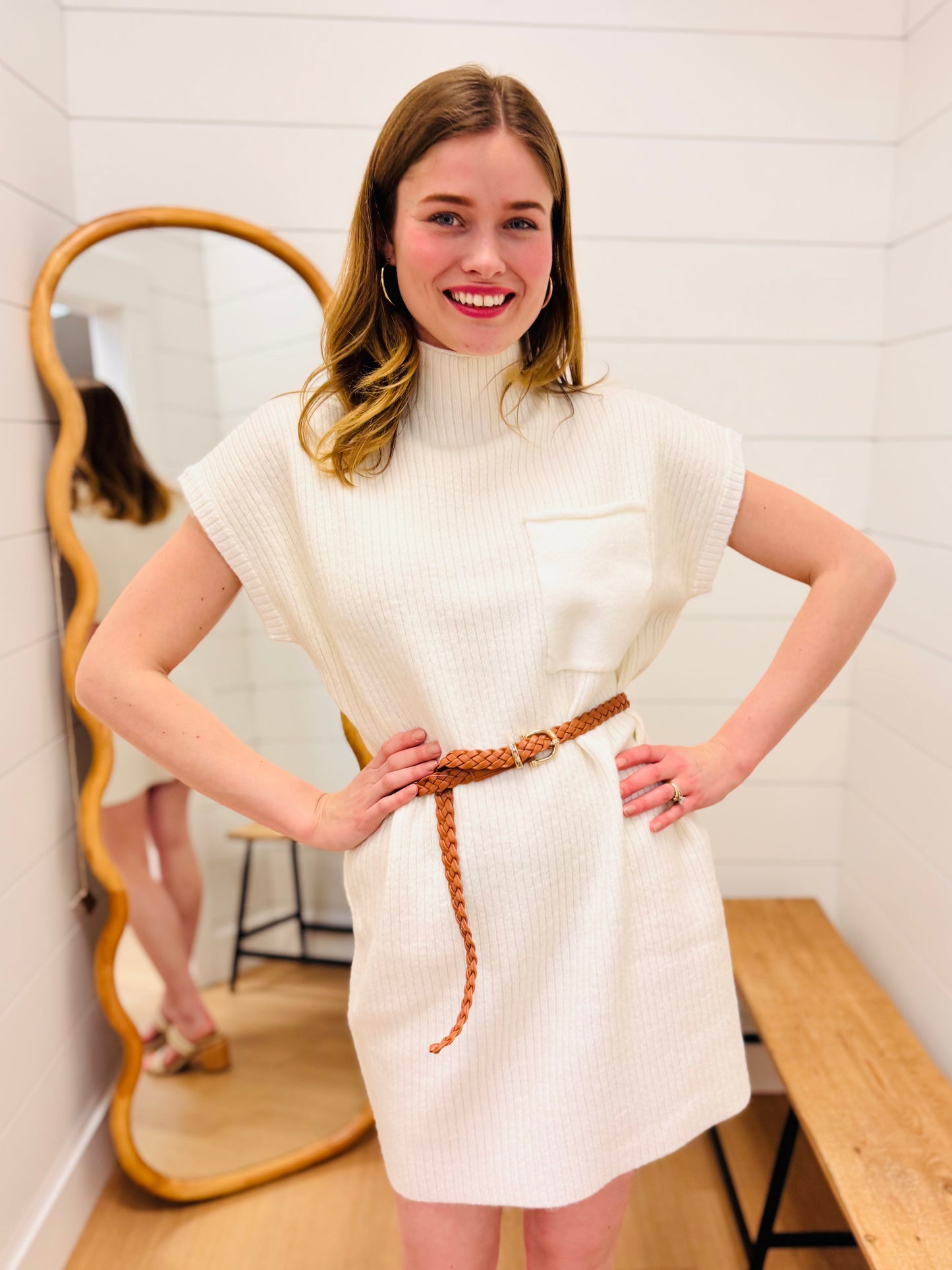Ivory Mock Neck Sweater Dress With Pocket