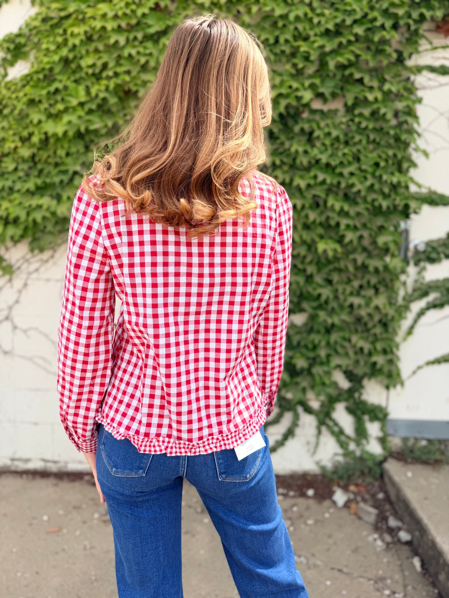 Gingham Frilled Button Down Long Sleeve Shirt
