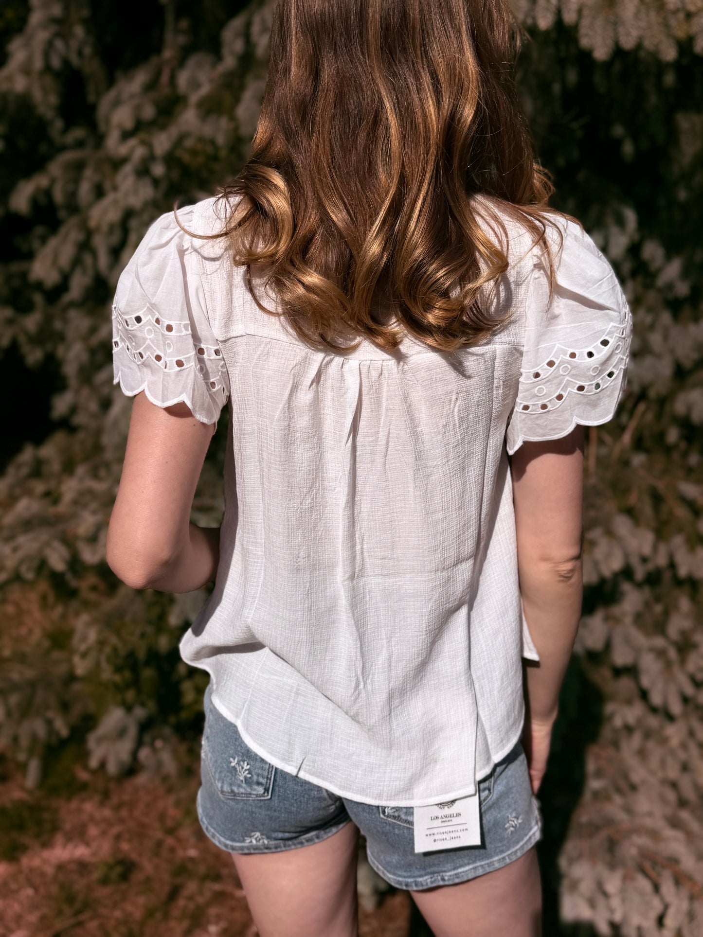 Eyelet Detail Button Down Scallop Sleeve Top