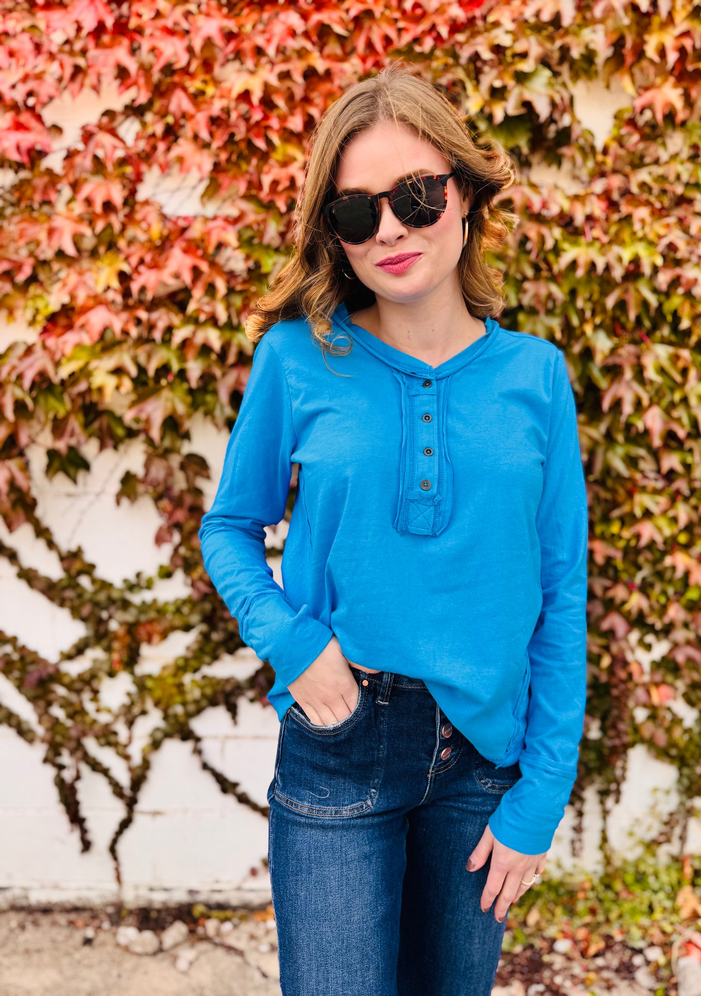 Thumb Holes Button Closure Long Sleeve Top