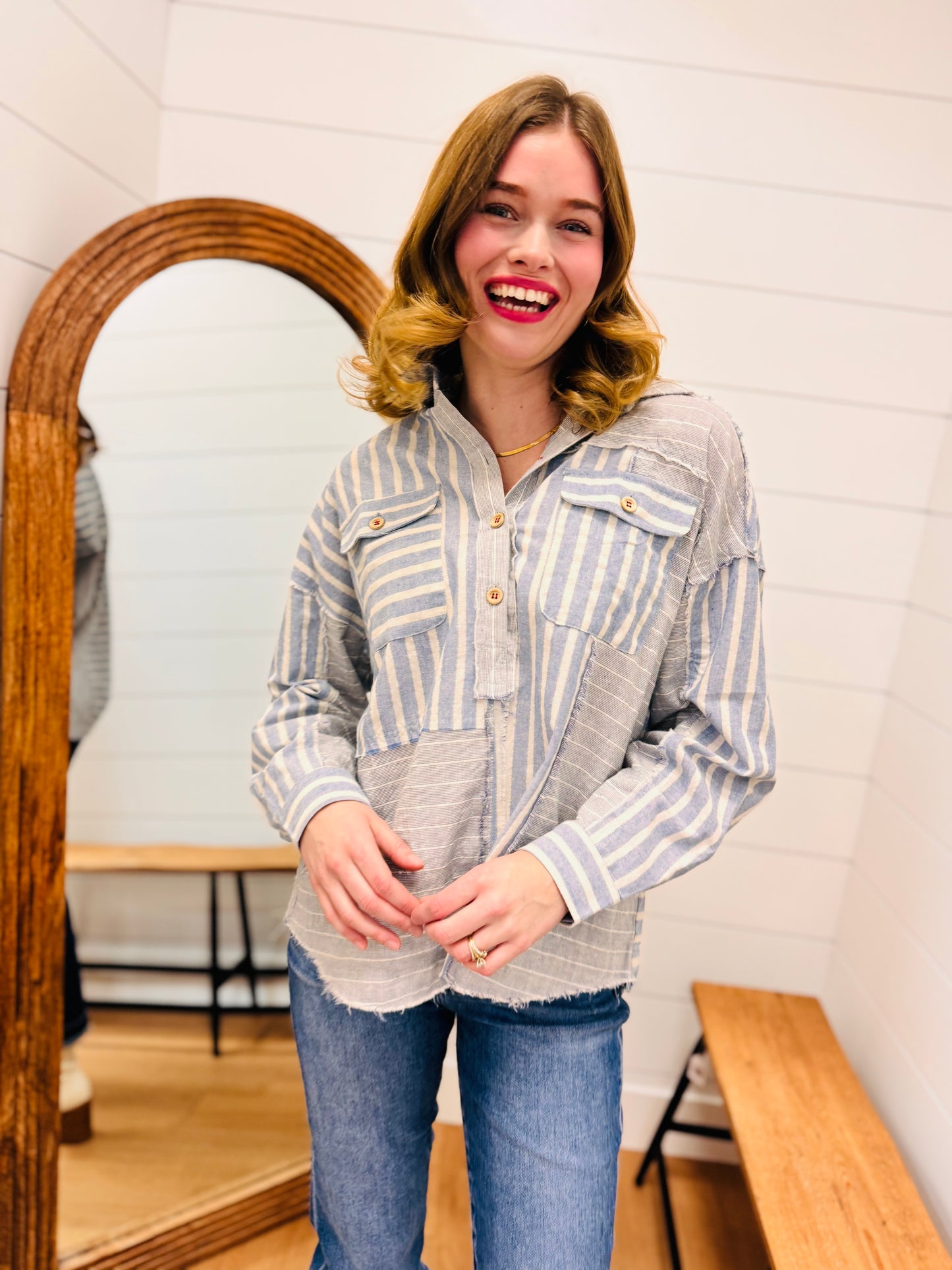 Color Block Half Button Down Shirt