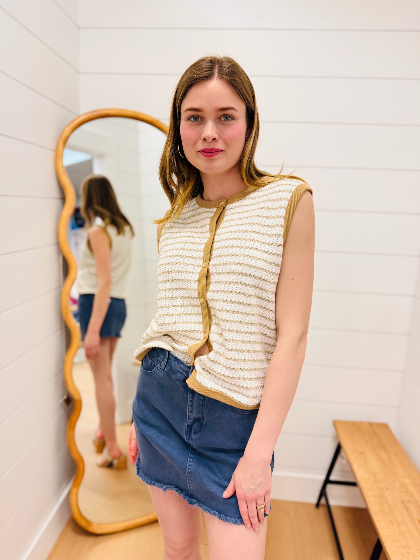Stripe Knit Button Down Top - Tan