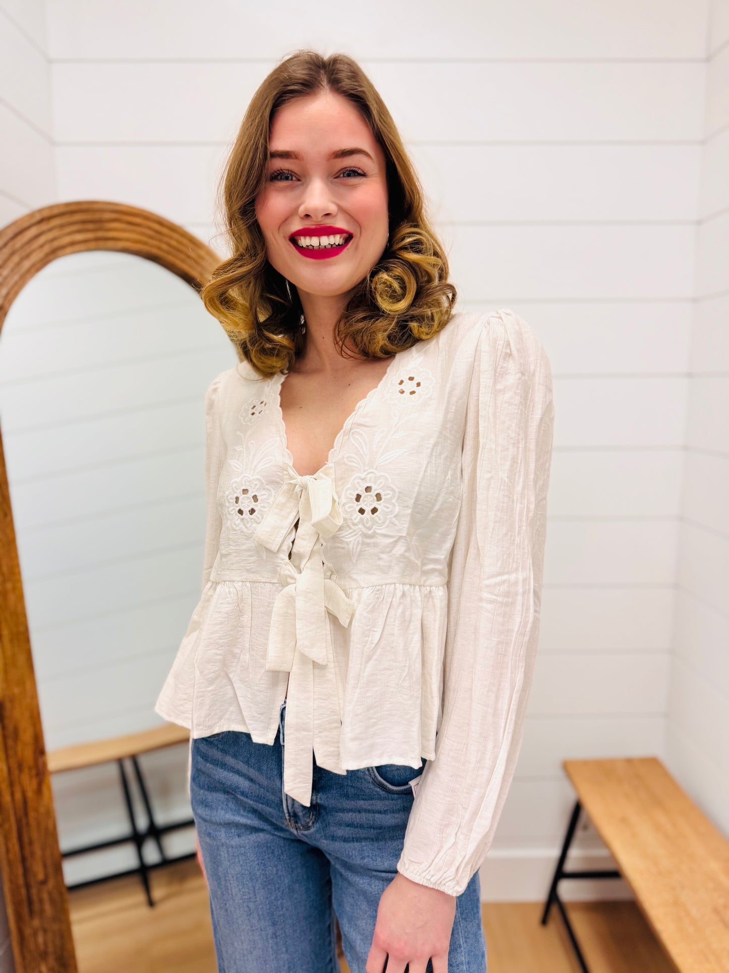 Floral Eyelet Embroidery Front Tie Long Sleeve Top