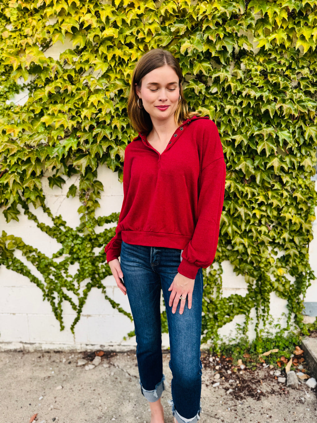 Collared Half Snap Button Long Sleeve Top