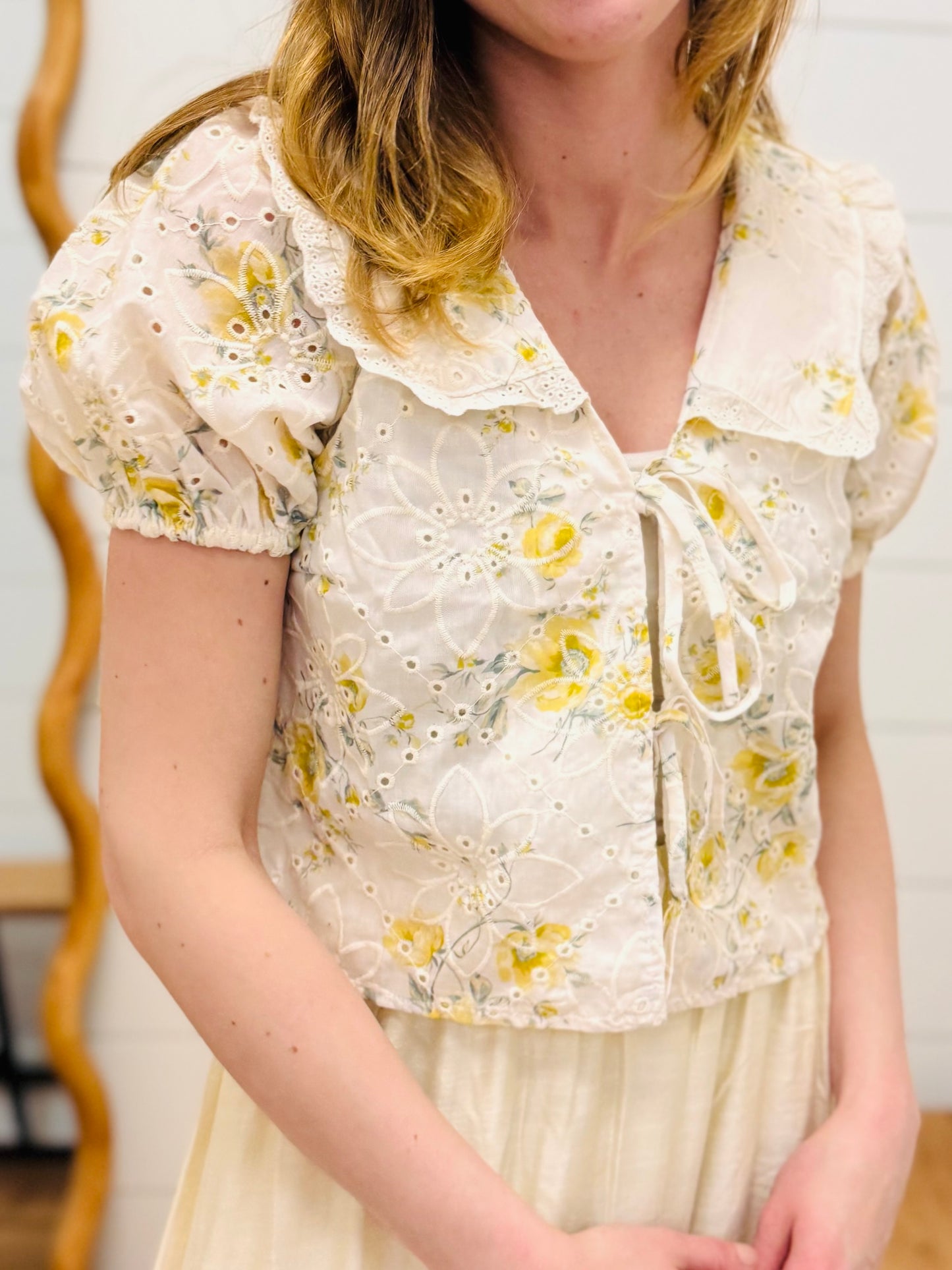 Floral Eyelet Pattern Collared Front Tie Blouse