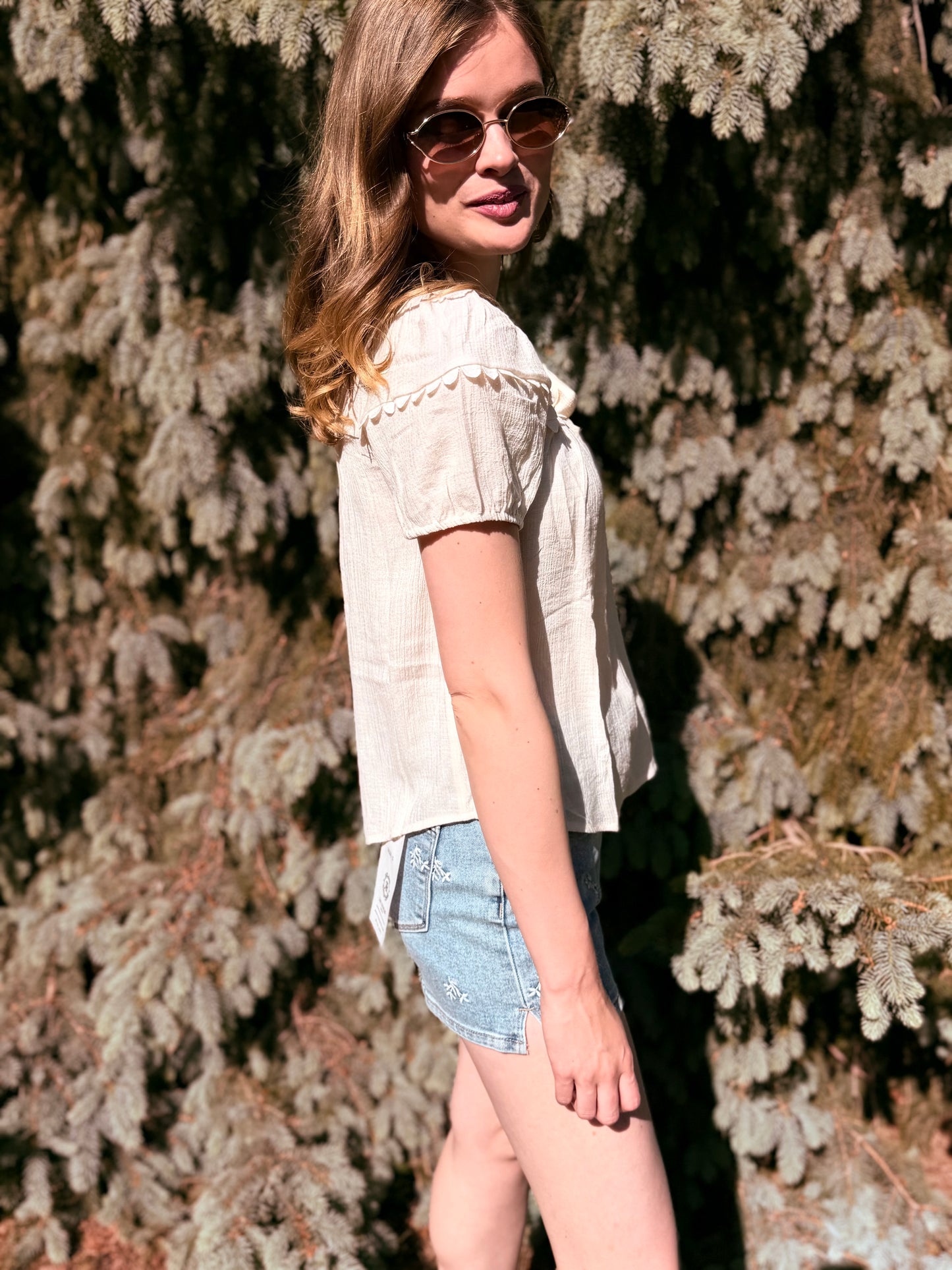 Scallop Trim Front Tie Detail Puff Sleeve Top