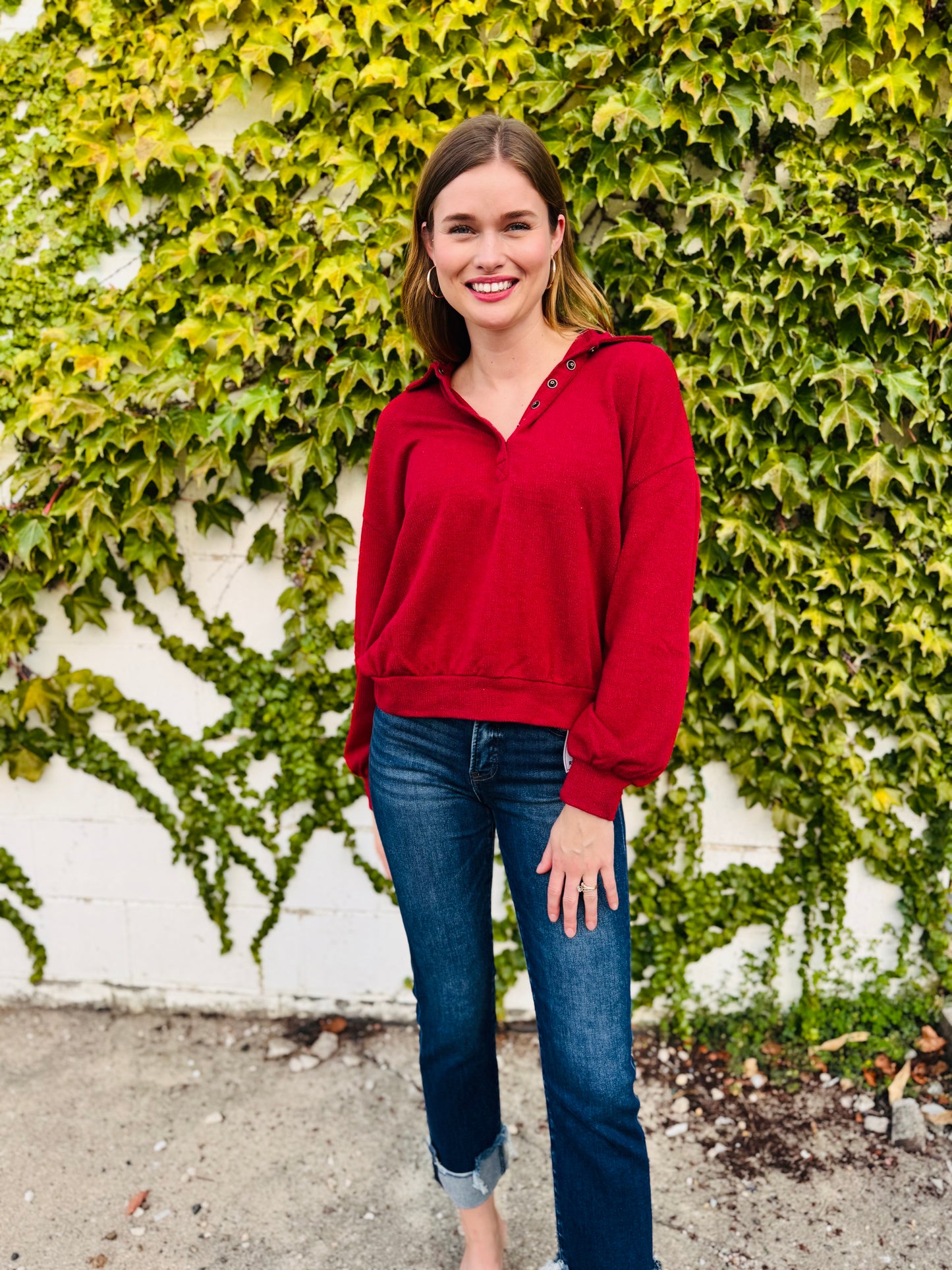 Collared Half Snap Button Long Sleeve Top