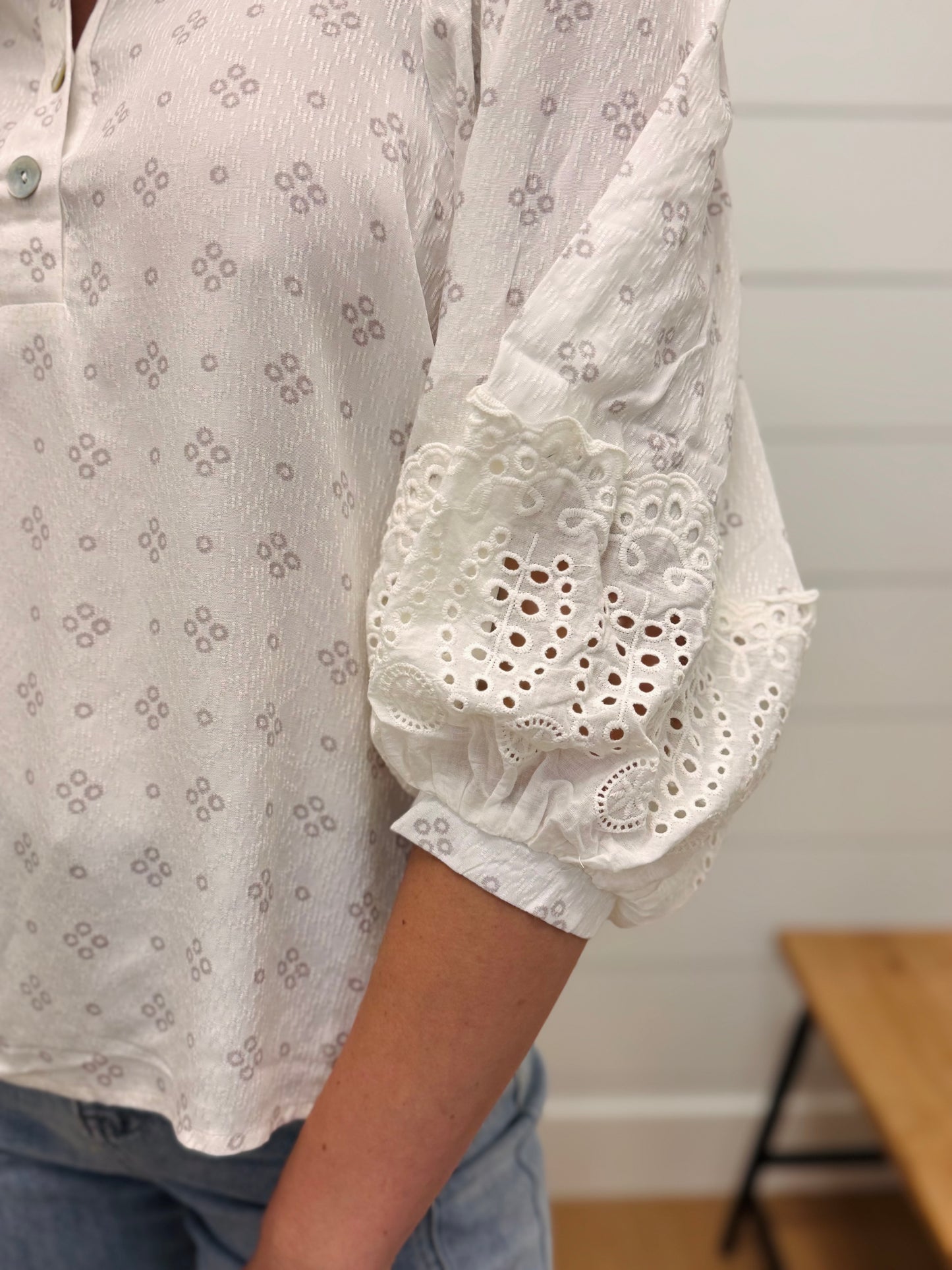 Eyelet 3/4 Sleeve Button Down Top