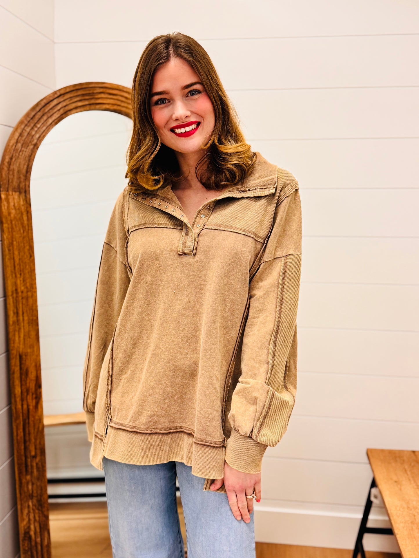Half Button Down Pullover - Mocha