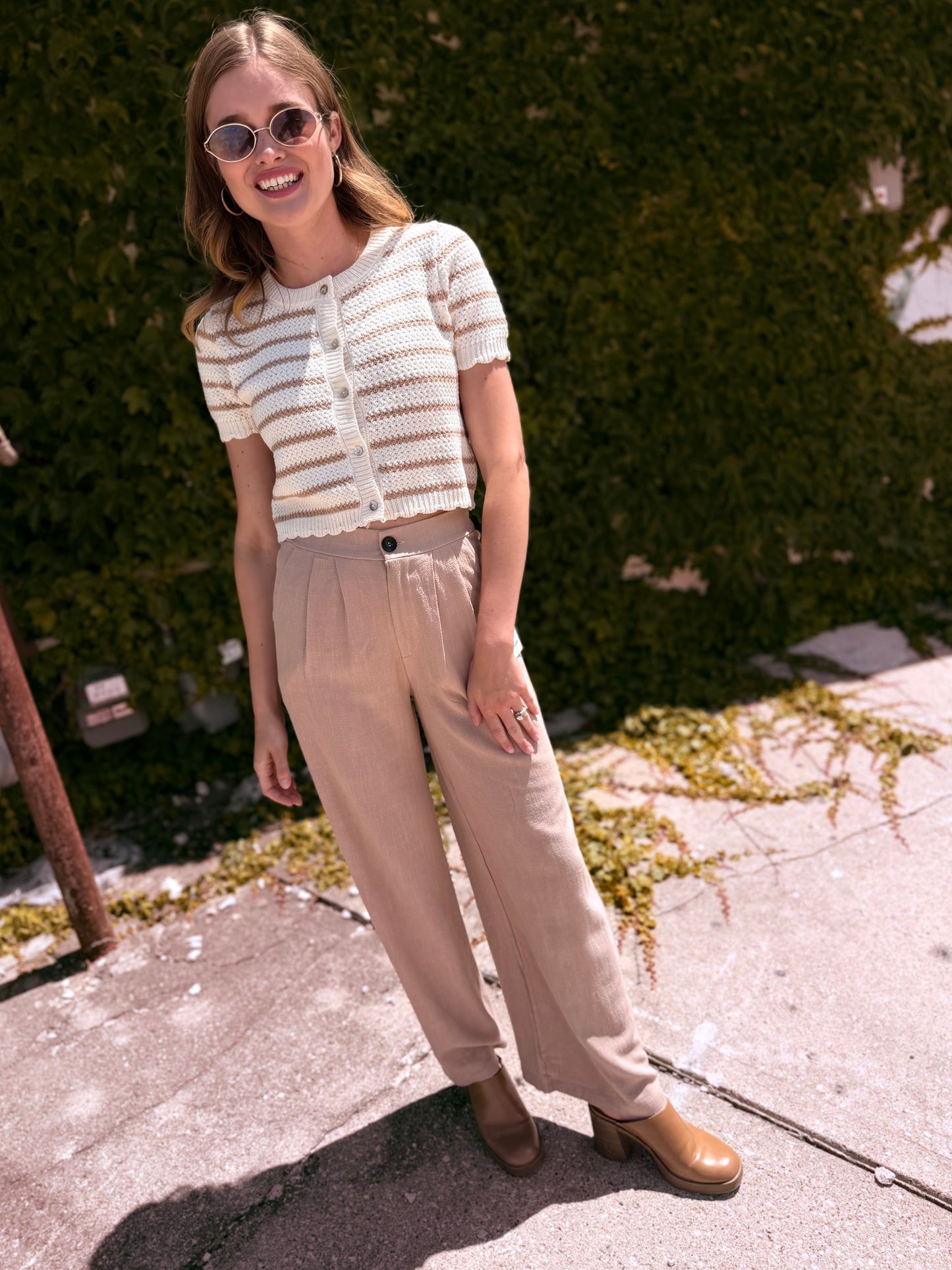 Striped Short Sleeve Cardigan With Scallop Edge