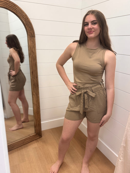 Khaki Tie Front Shorts