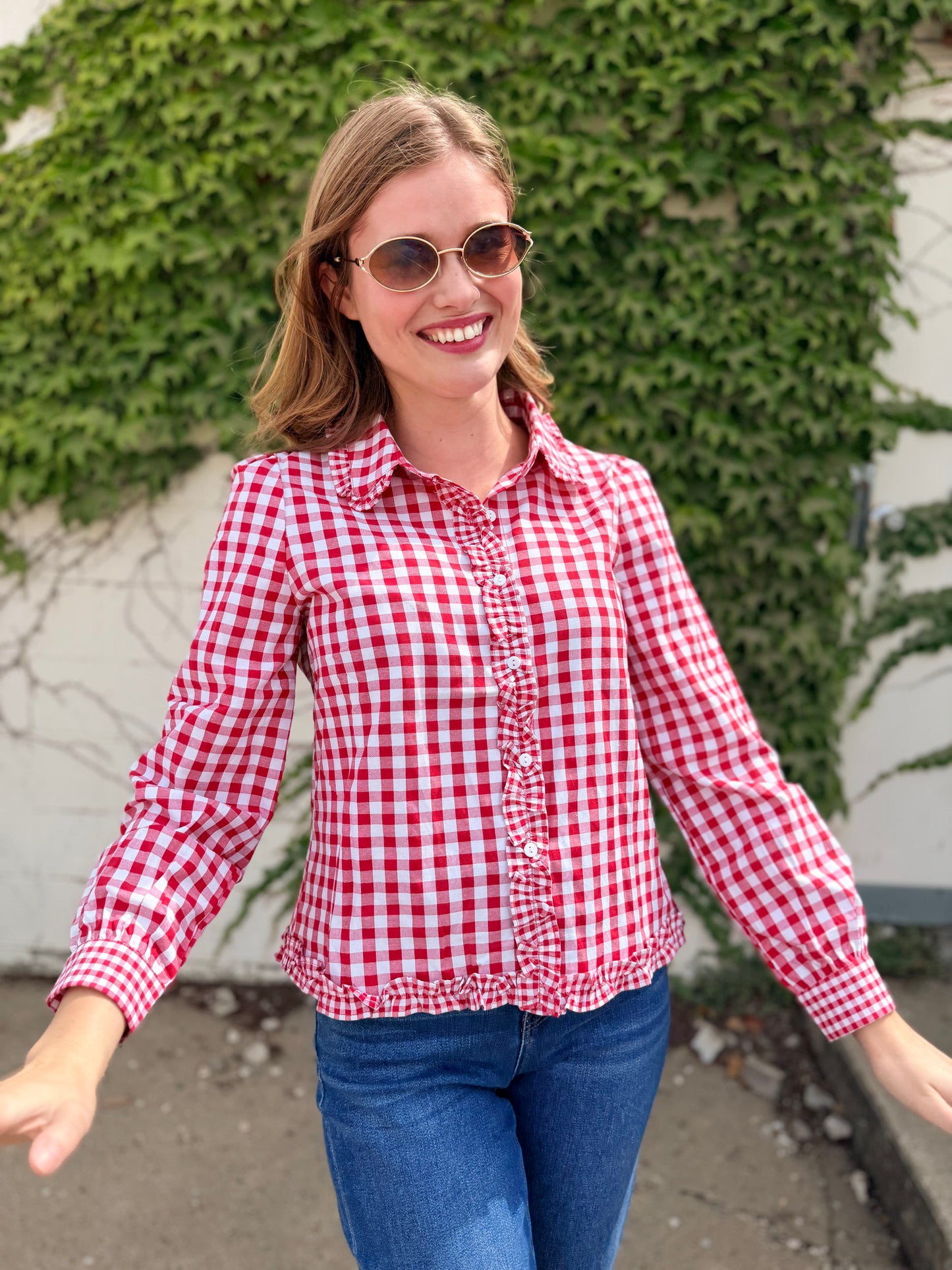 Gingham Frilled Button Down Long Sleeve Shirt