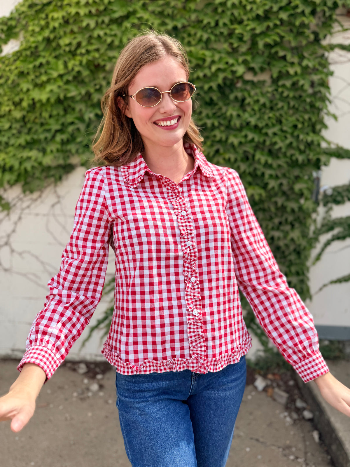 Gingham Frilled Button Down Long Sleeve Shirt