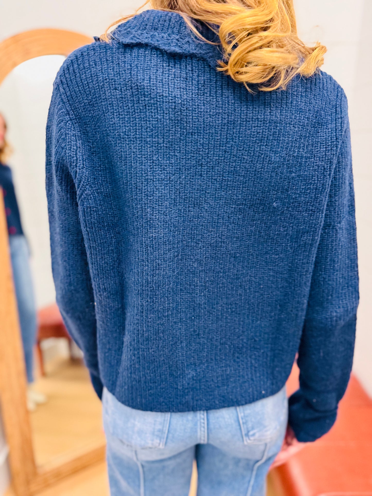 Navy + Red Heart Button Down Cardigan