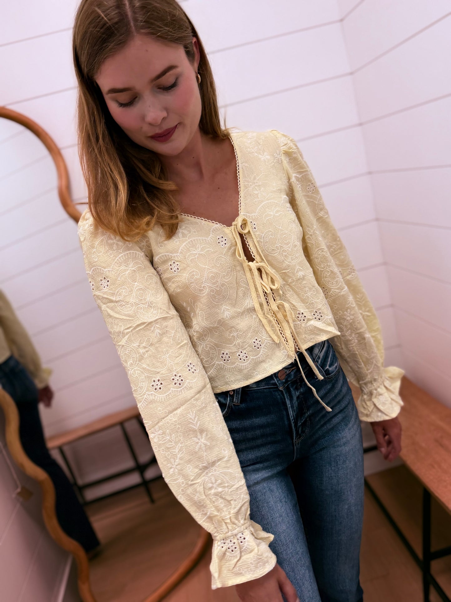 Embroidered Pattern Long Sleeve Front Tie Crop Top