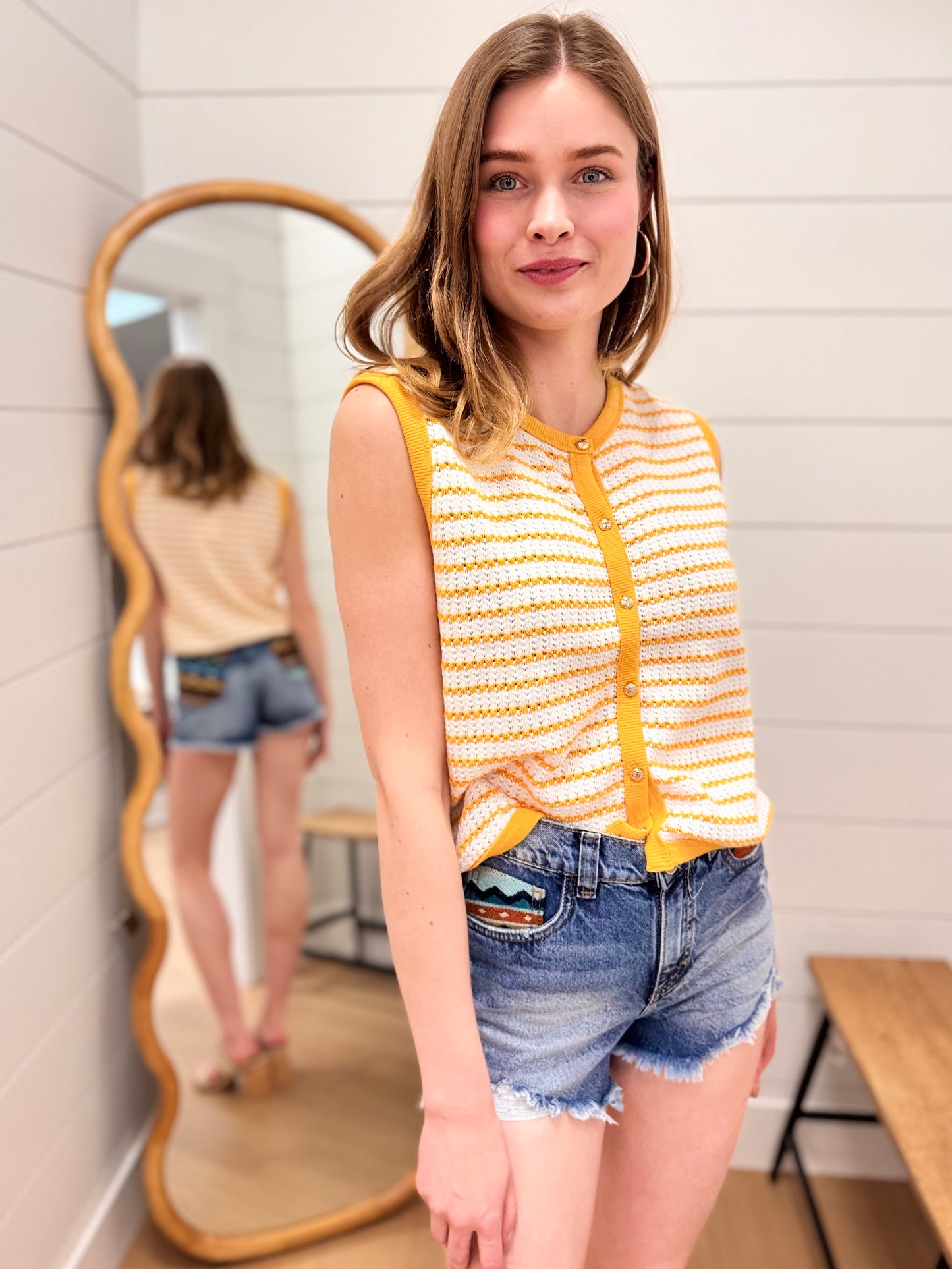 Stripe Knit Button Down Top - Mustard