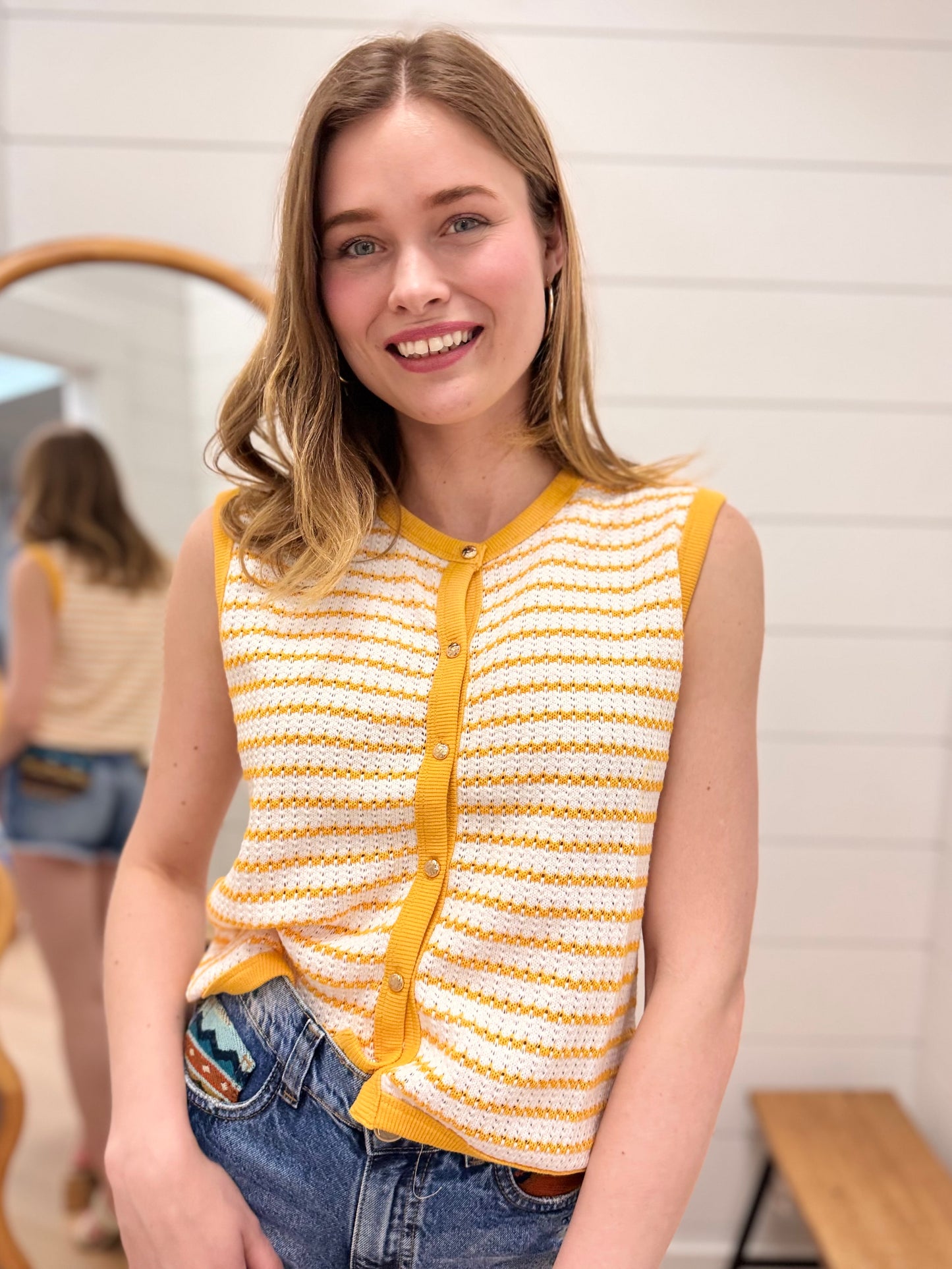 Stripe Knit Button Down Top - Mustard