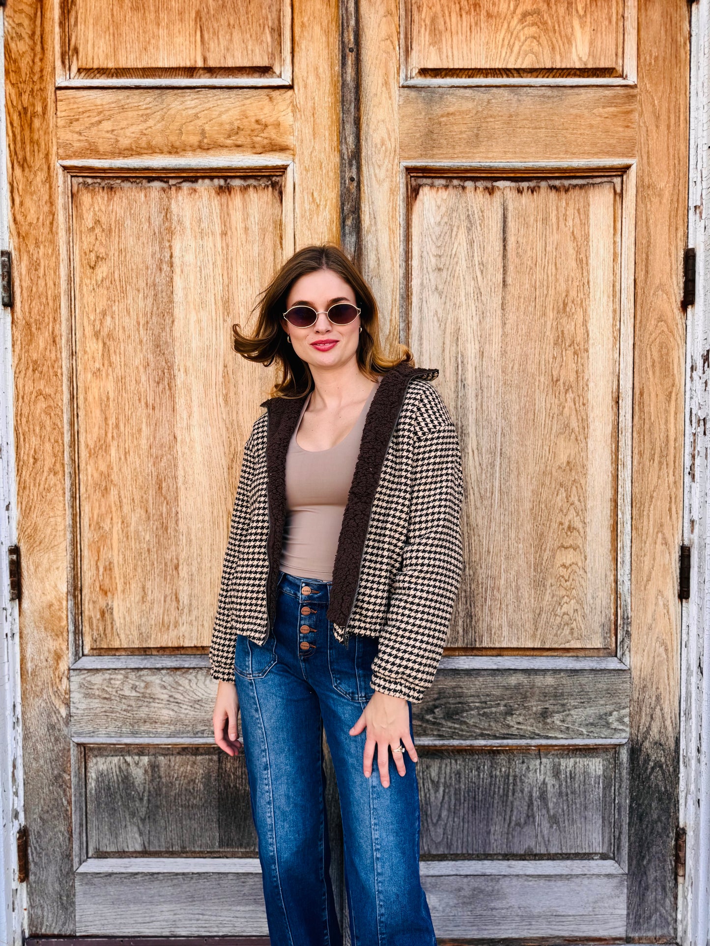 Houndstooth Sherpa Zip Up Jacket