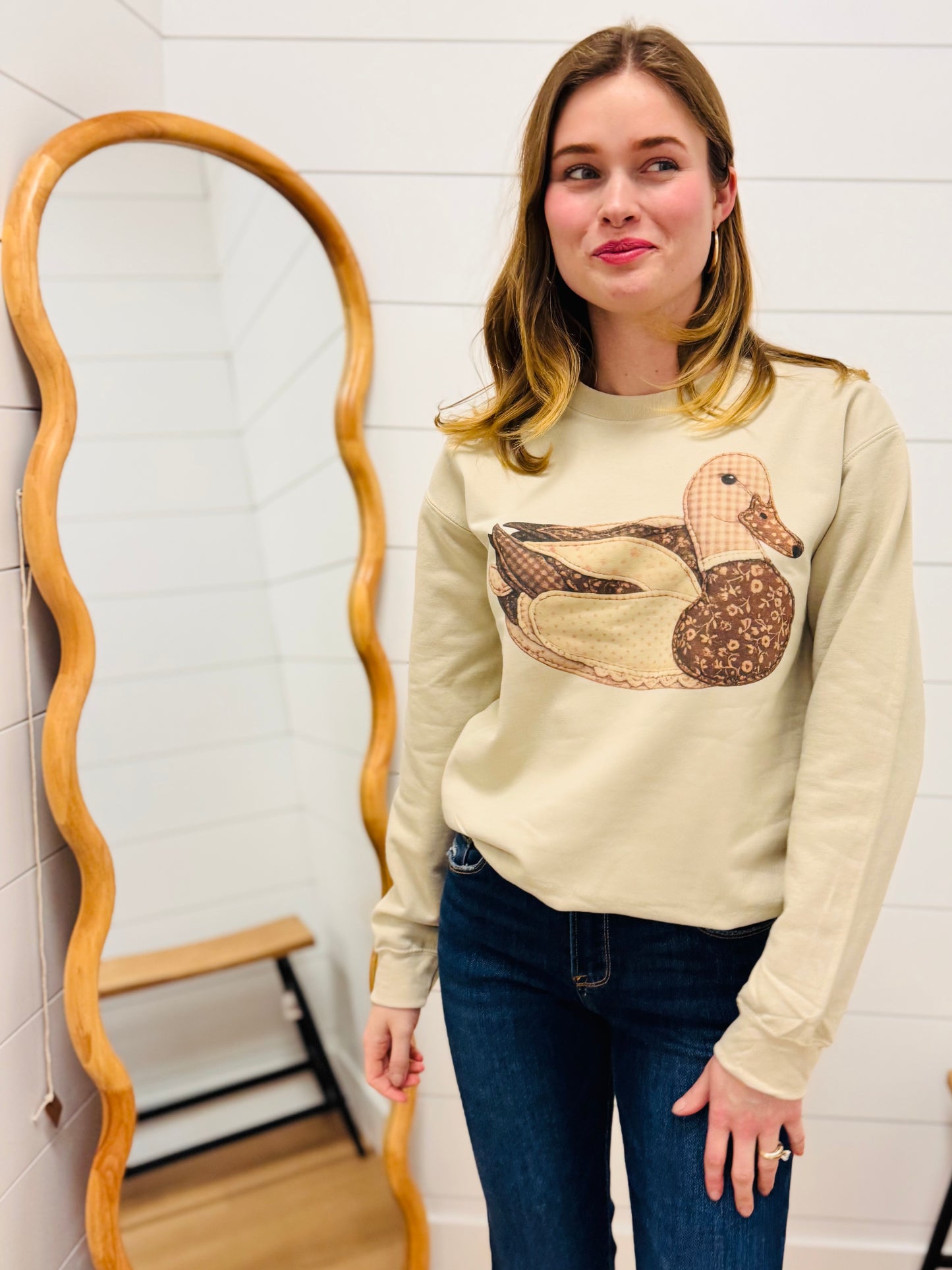 Mimis Vintage Faux Patchwork Brown Duck Cream Sweatshirts