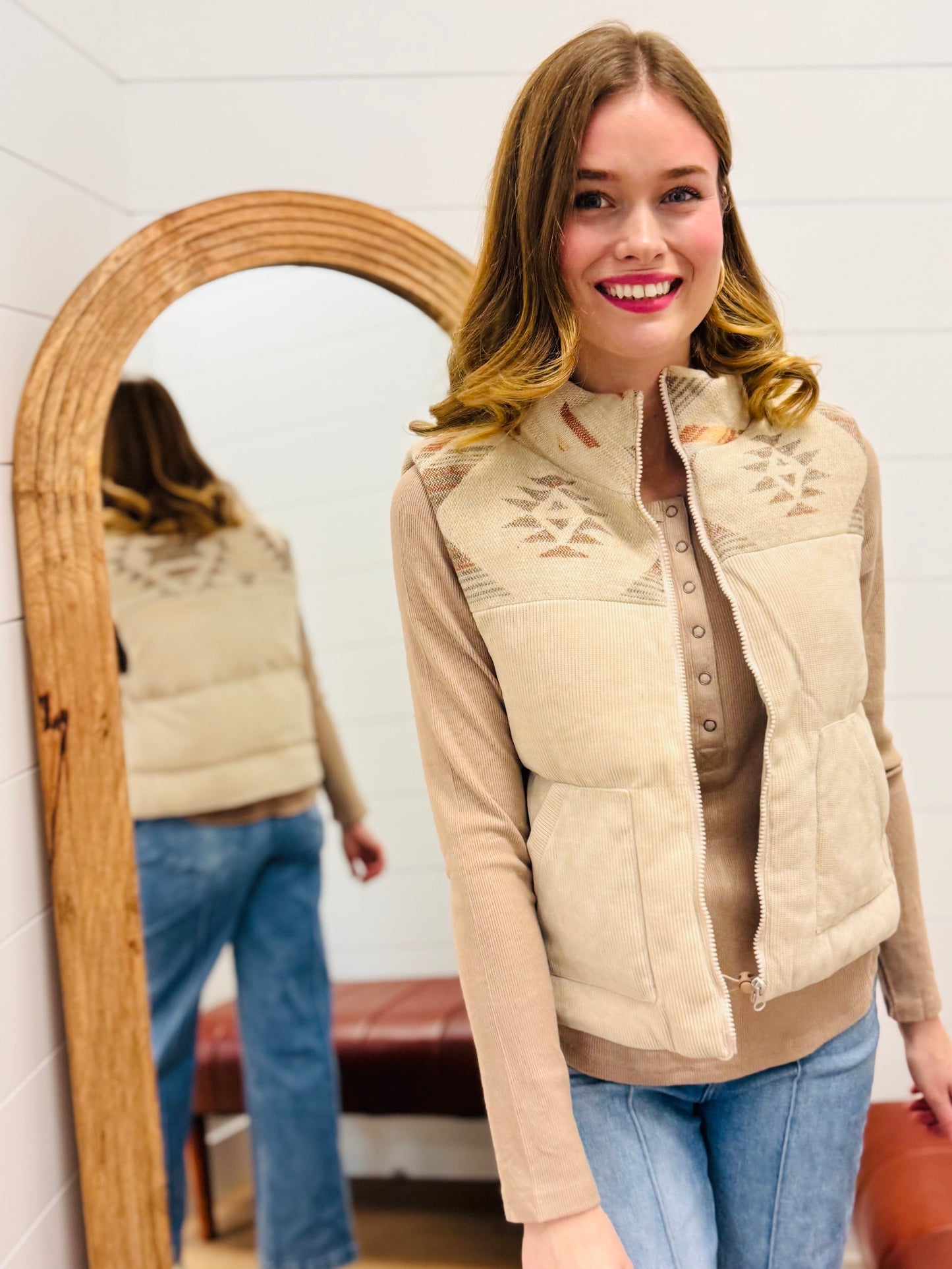 Aztec Graphic Corduroy Casual Puffer Vest