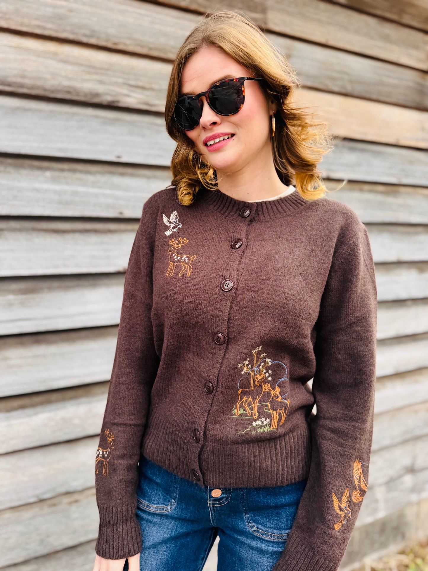 Animal Embroidery Detail Button Down Knit Cardigan