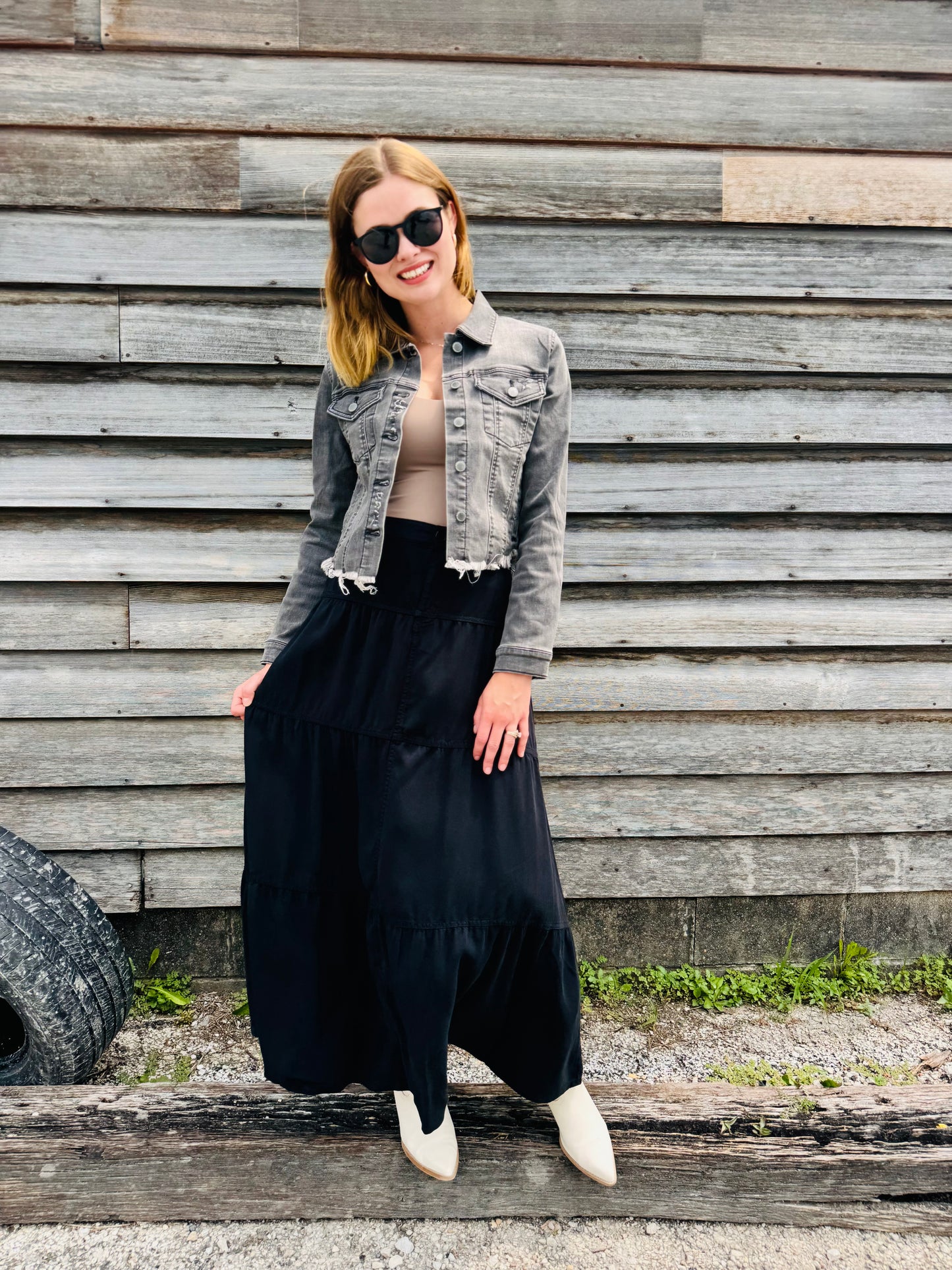 Black High Rise Tiered Long Tencel Skirts - Risen