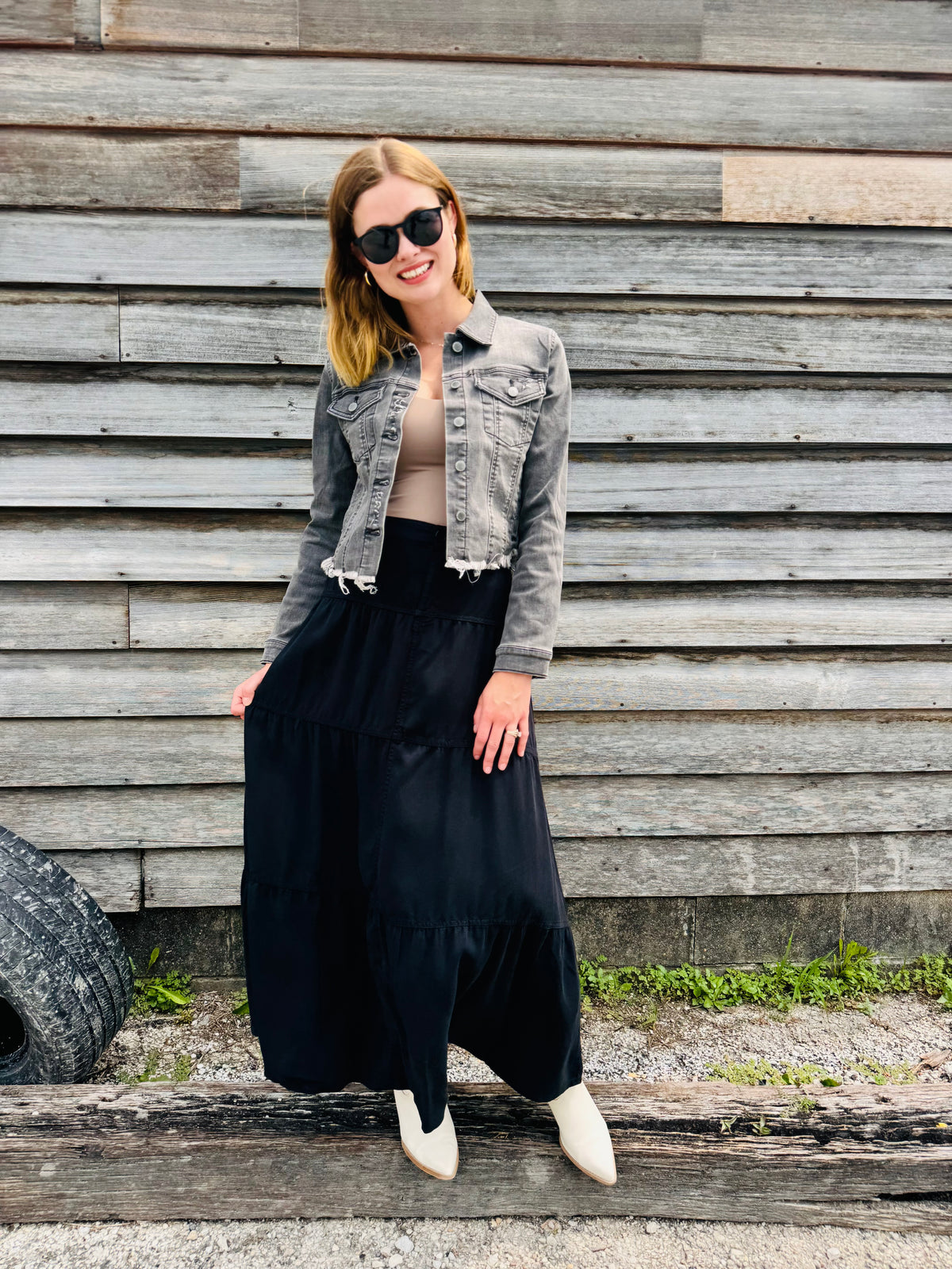 Black High Rise Tiered Long Tencel Skirts - Risen