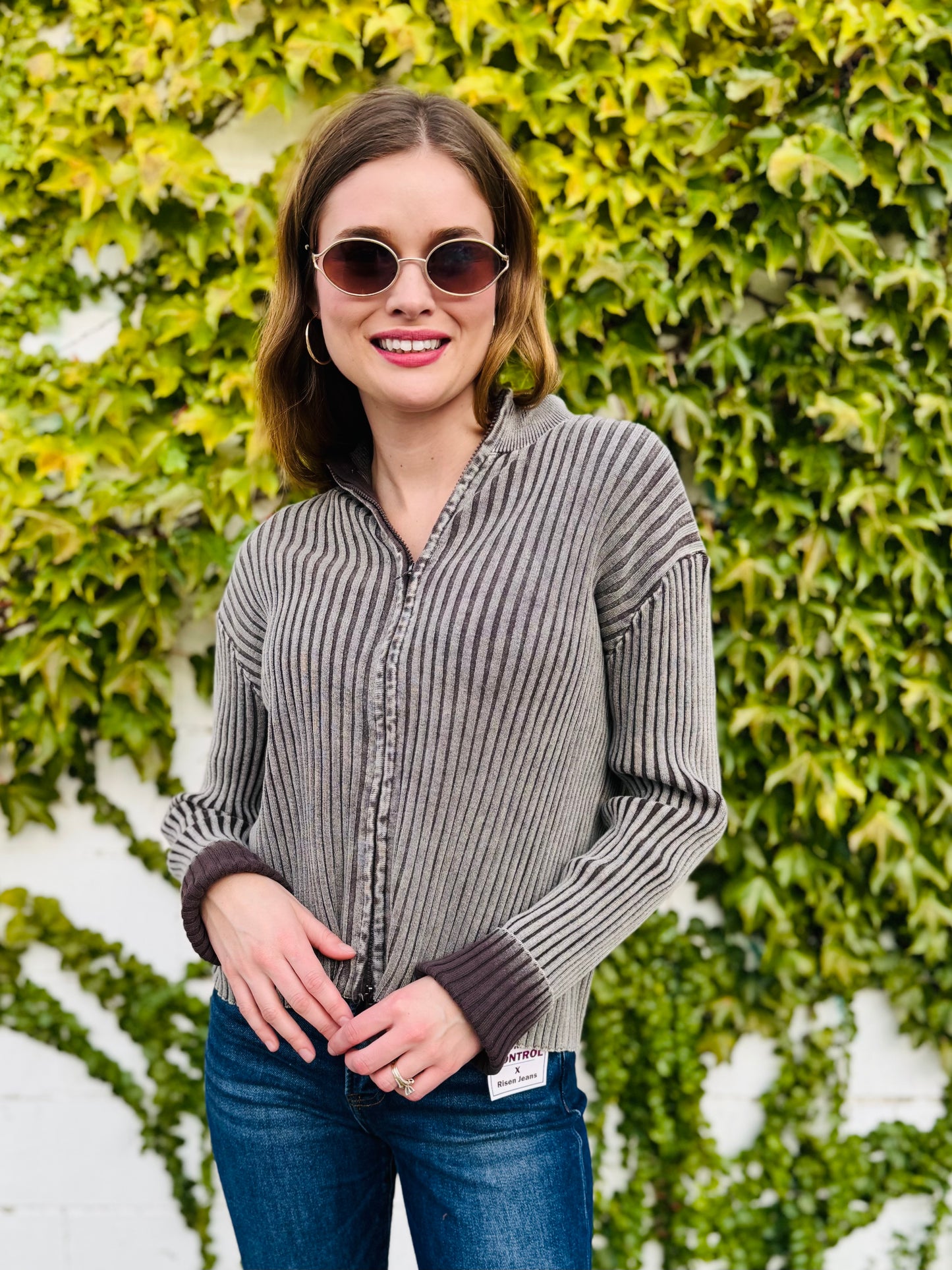 Two Tone Zip Up Sweater - Brown