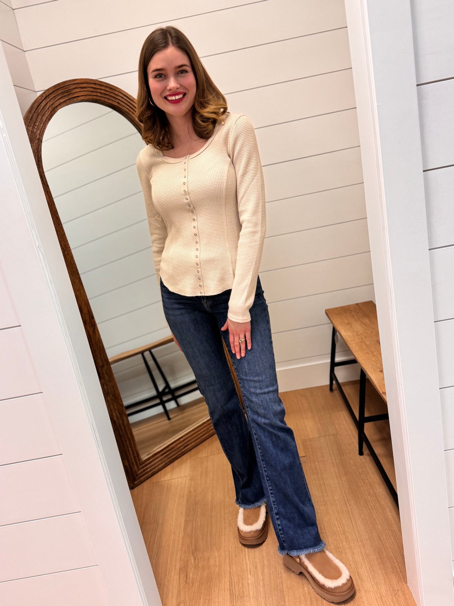 Button Down Fitted Knit Casual Top - Oatmeal