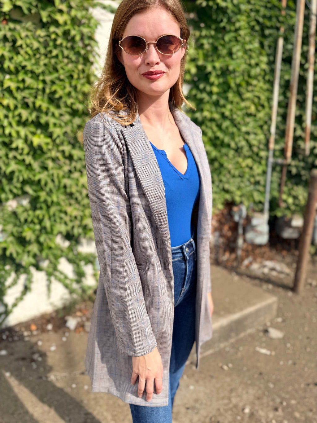 Glen Check Suede Oversized Blazer Coat