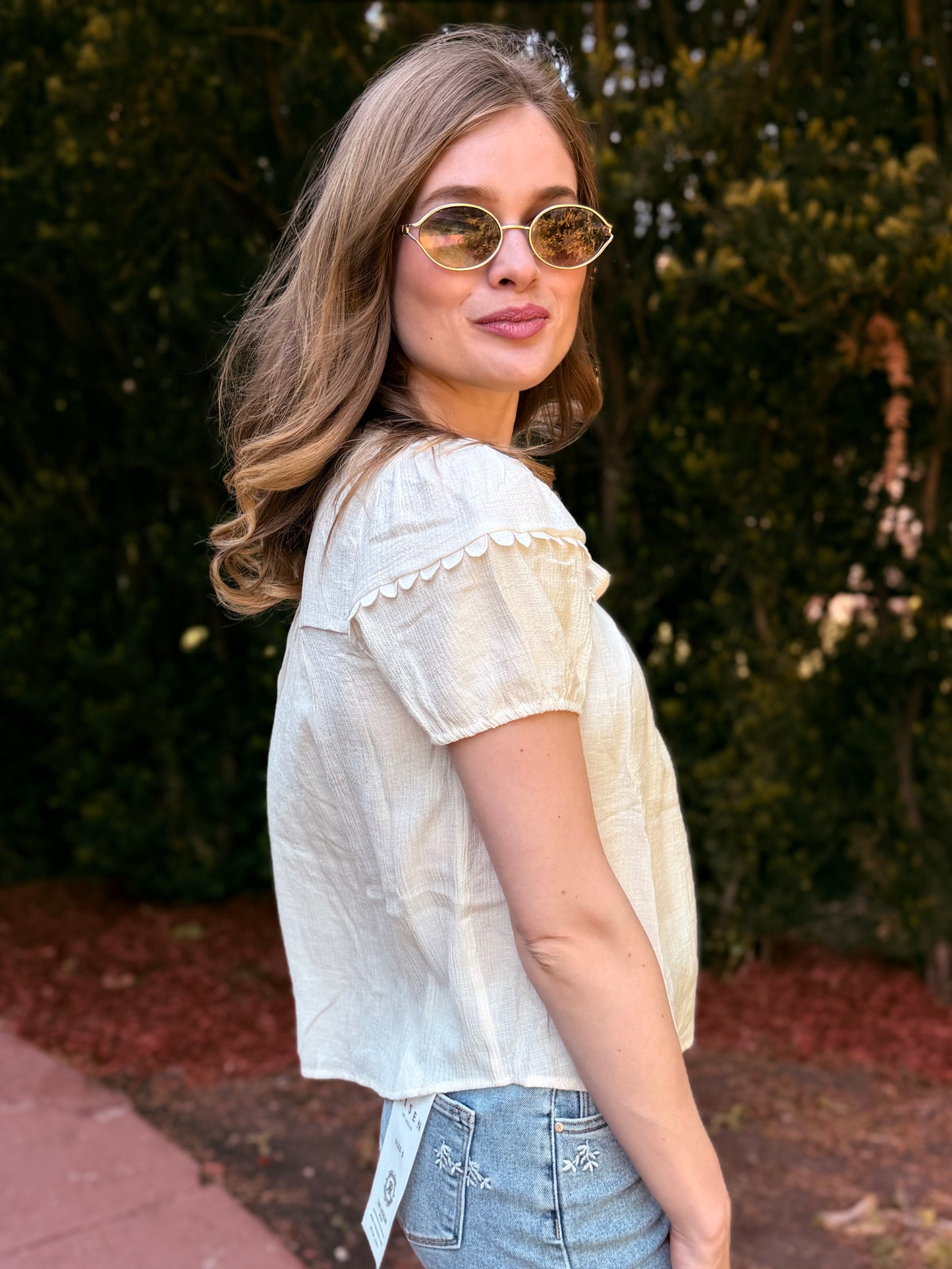 Scallop Trim Front Tie Detail Puff Sleeve Top