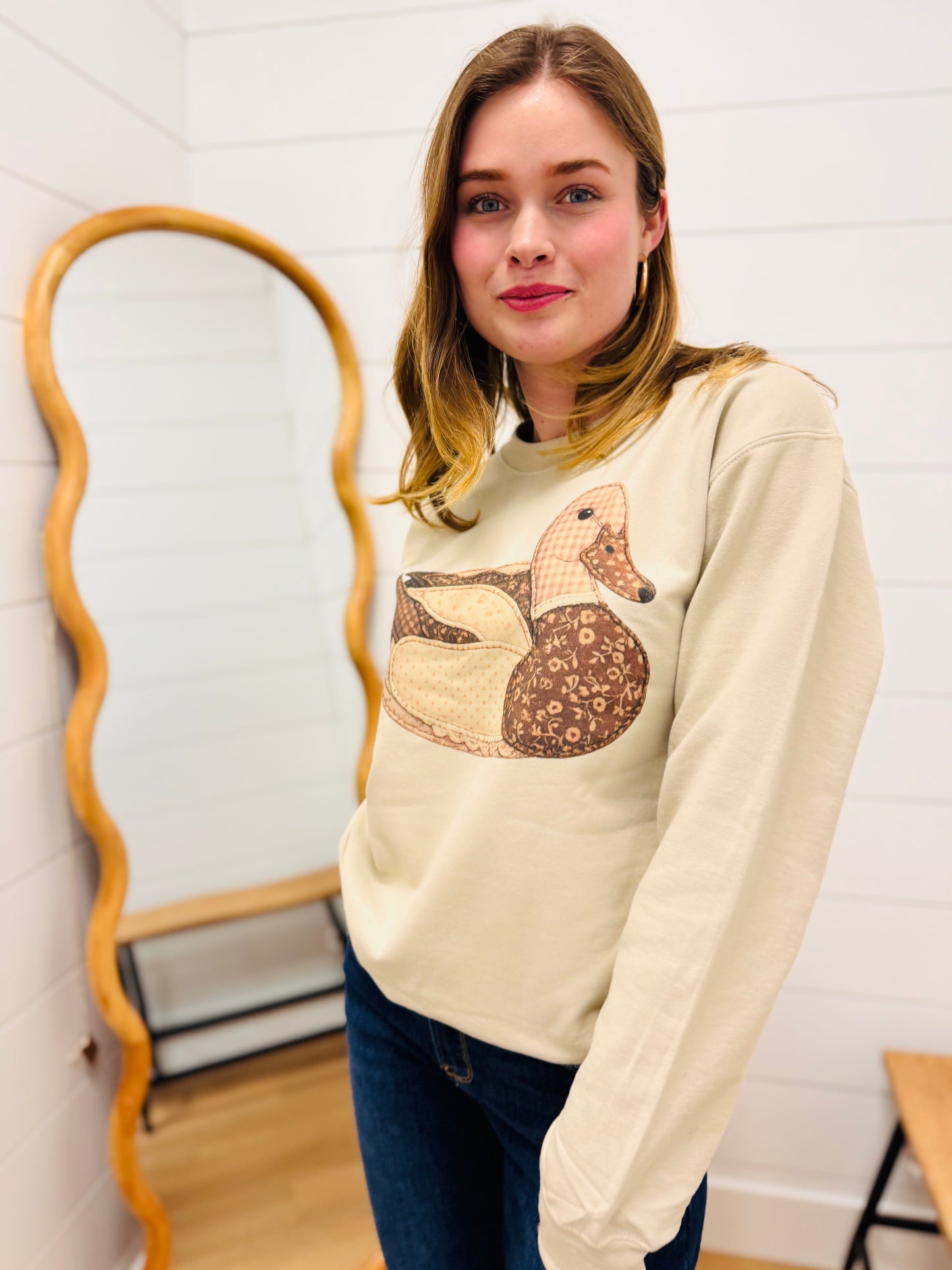 Mimis Vintage Faux Patchwork Brown Duck Cream Sweatshirts