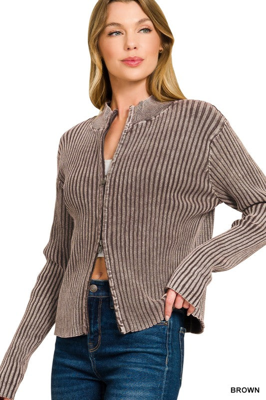 Two Tone Zip Up Sweater - Brown