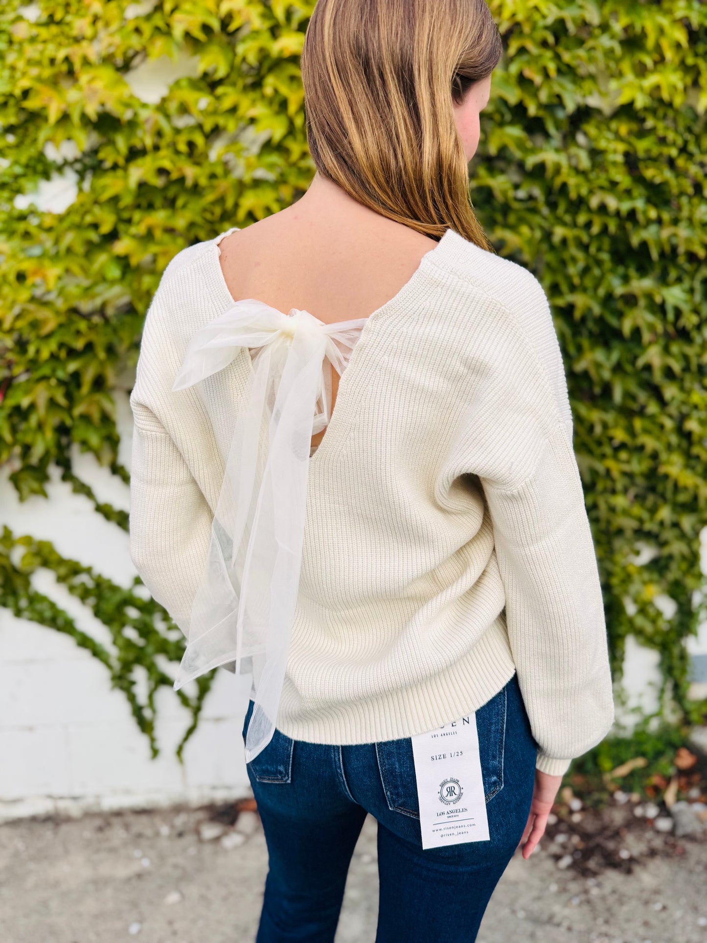 V Neck Drop Shoulder Back Bow Tie Detail Sweater