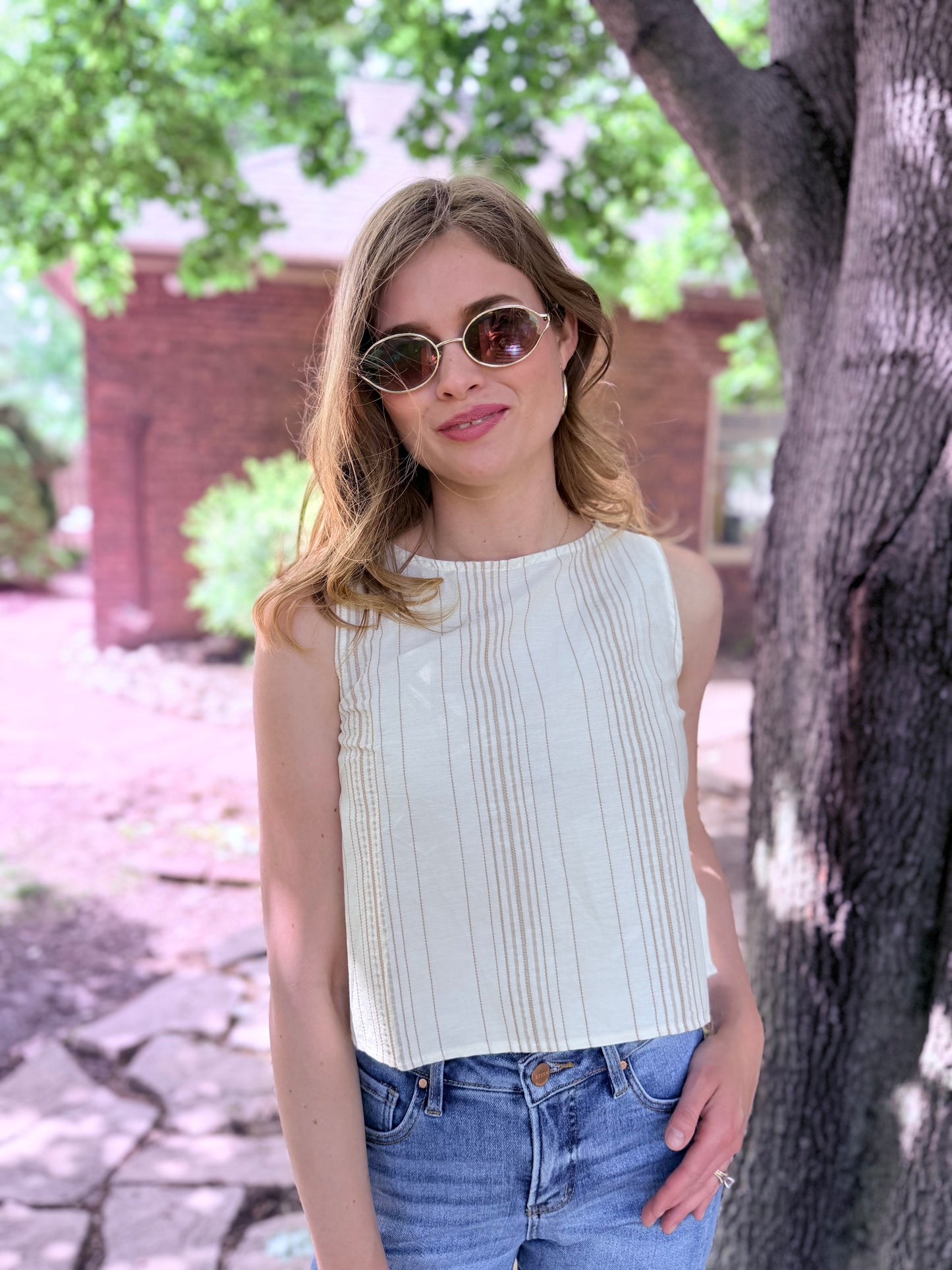 Stripe Sleeveless Side Button Detail Top