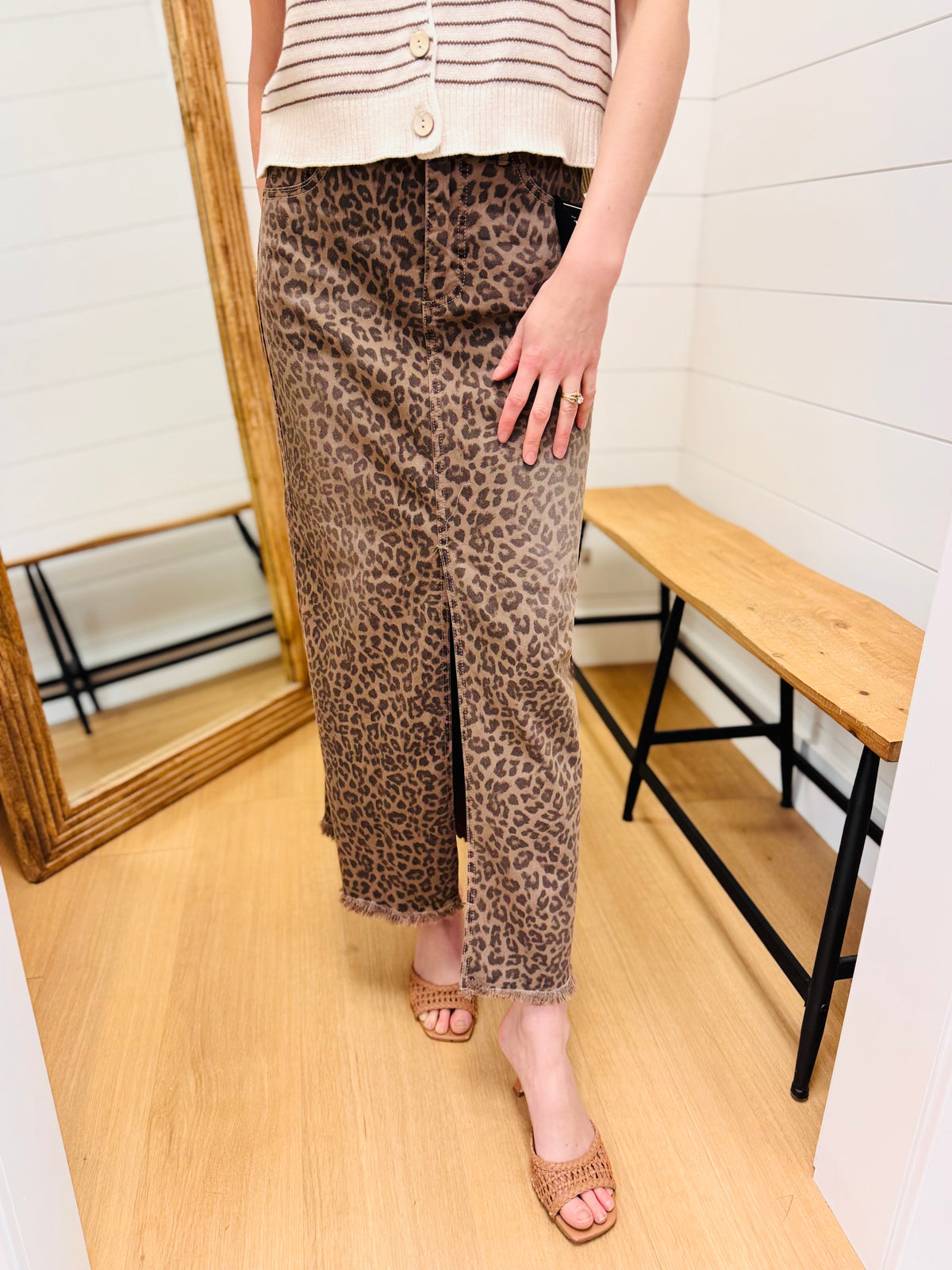 Animal Print Maxi Skirt with Front Slit- Risen Brand