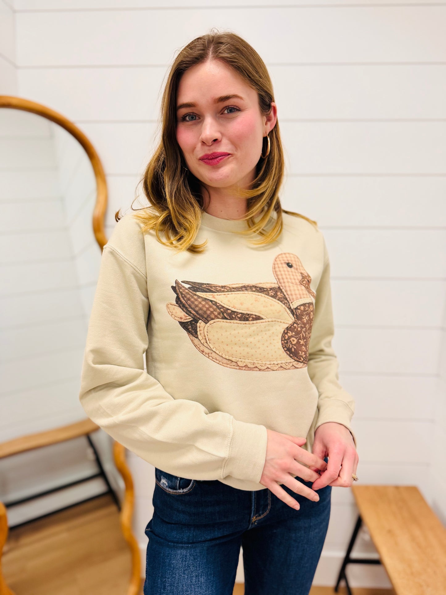Mimis Vintage Faux Patchwork Brown Duck Cream Sweatshirts